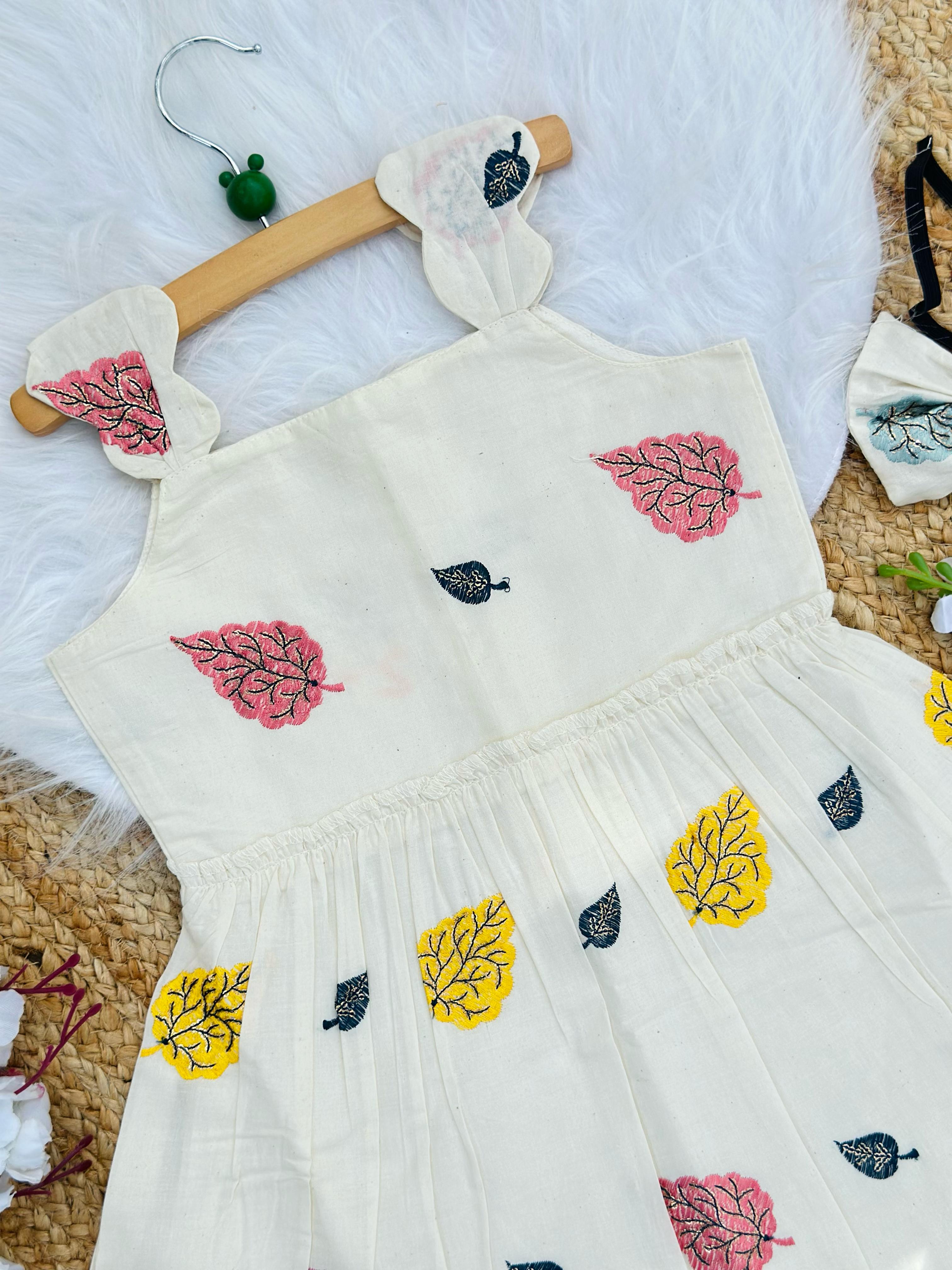 Girls Designer Leaf Embroidered Frock – Off White Party Wear Dress
