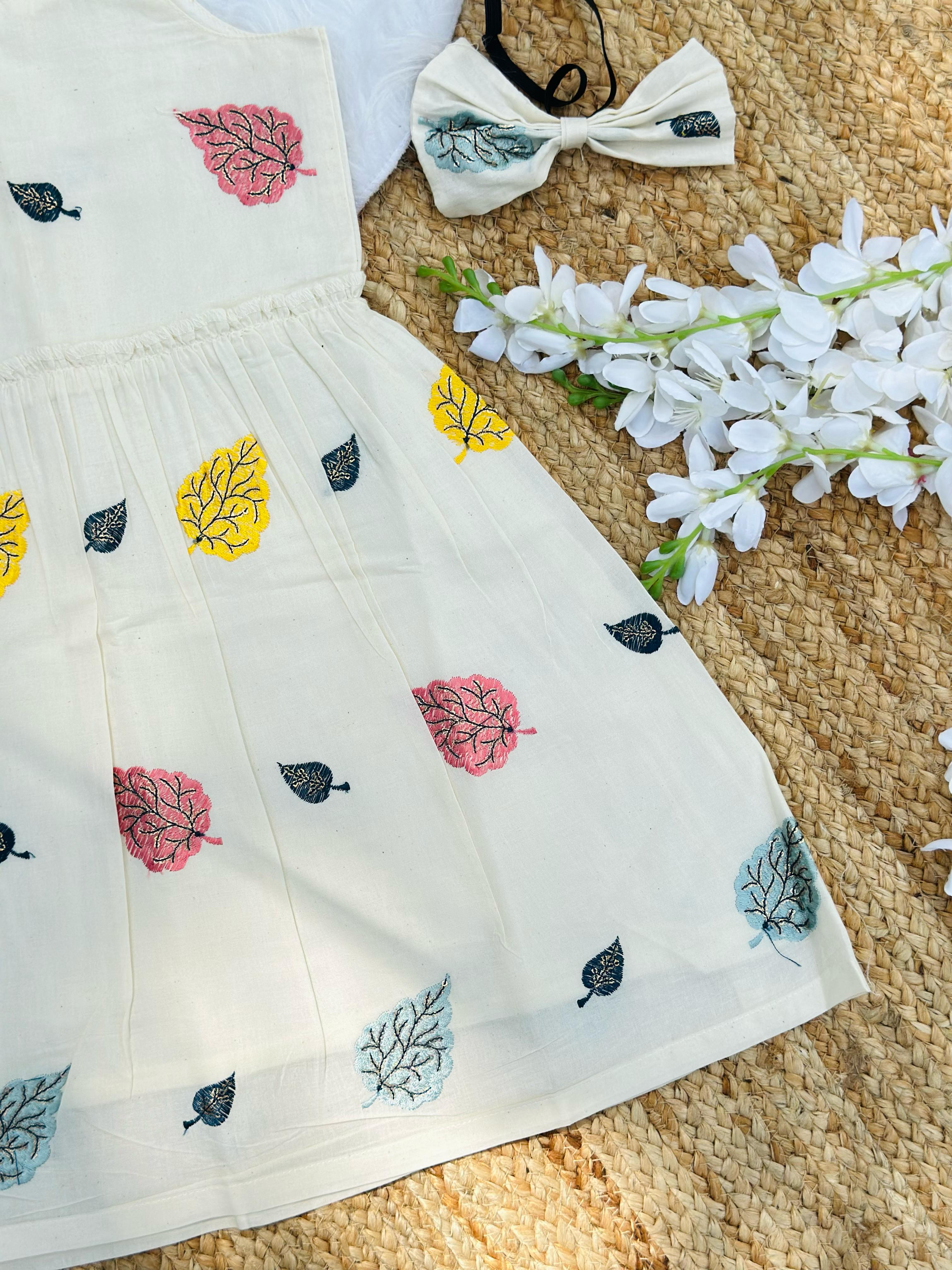 Girls Designer Leaf Embroidered Frock – Off White Party Wear Dress