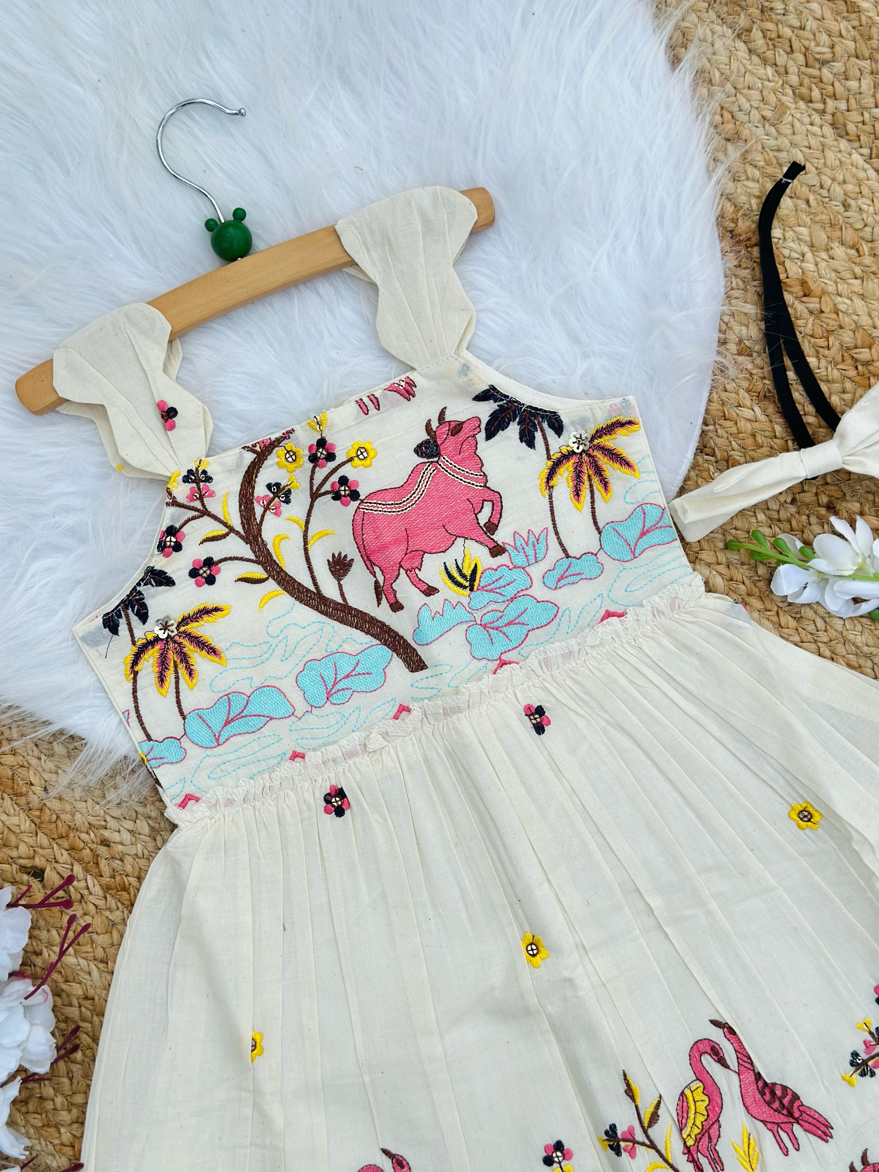 Girls Designer Embroidered Frock – Off White Multicolor Animal Theme
