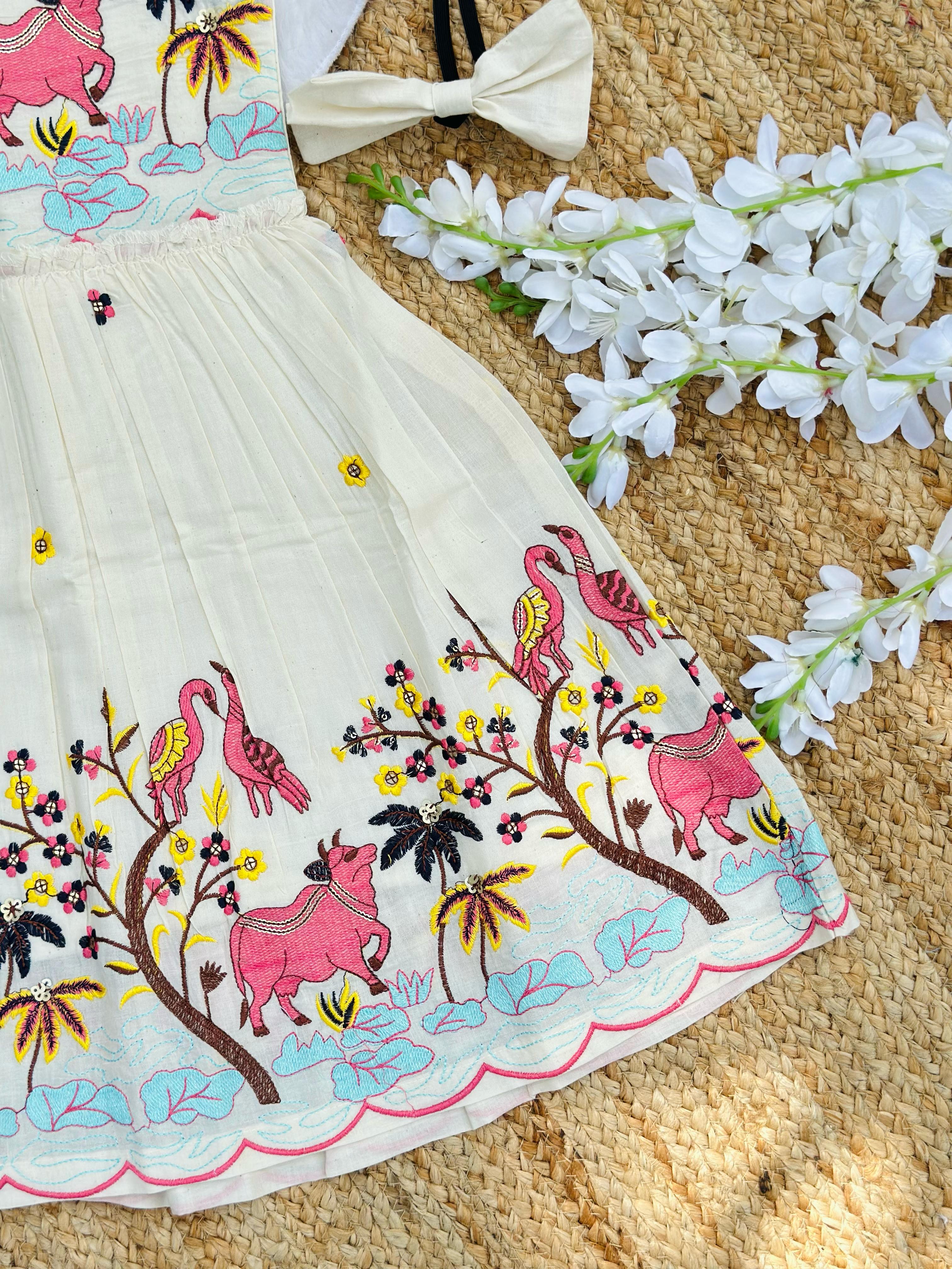 Girls Designer Embroidered Frock – Off White Multicolor Animal Theme