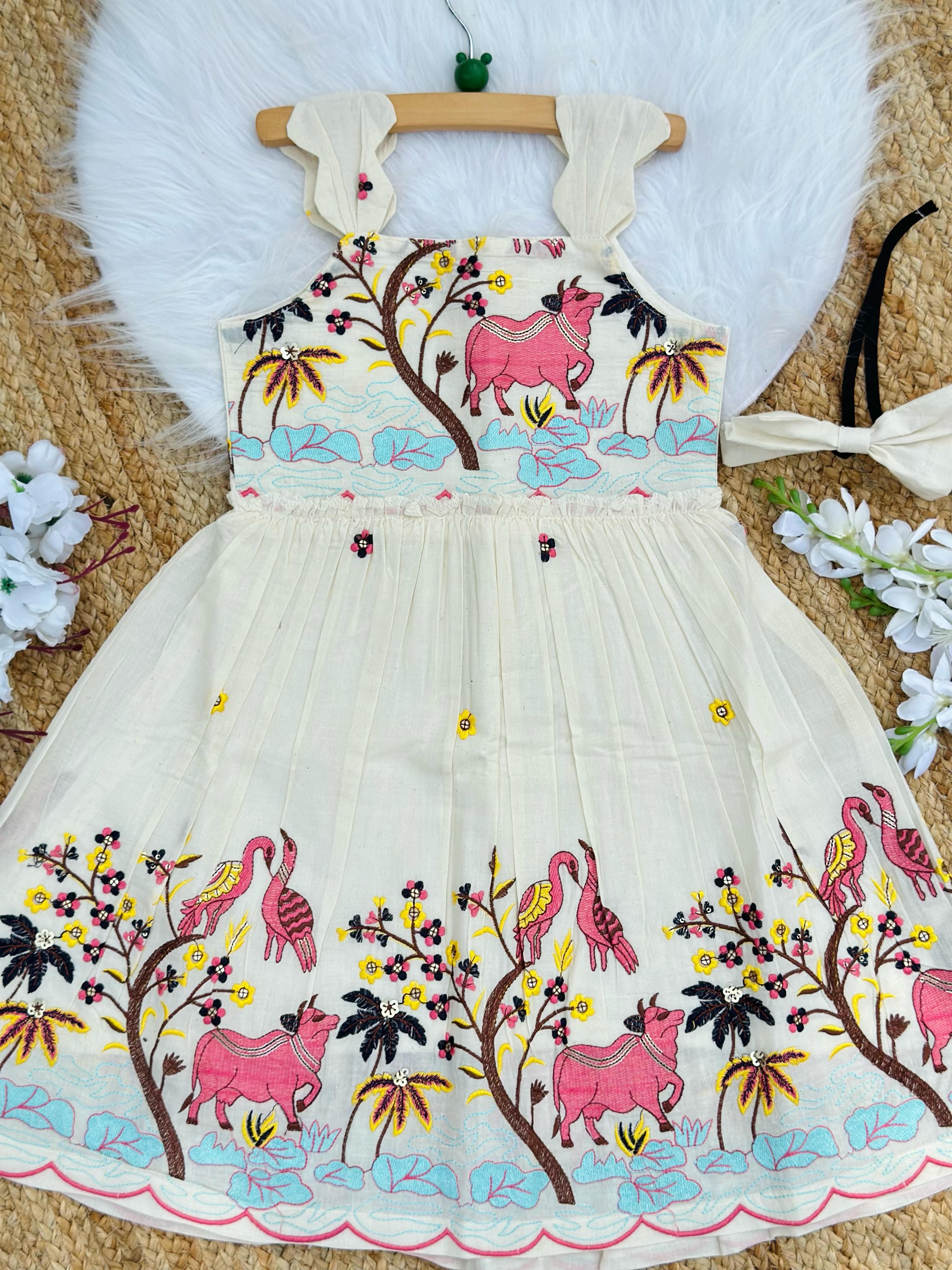 Girls Designer Embroidered Frock – Off White Multicolor Animal Theme