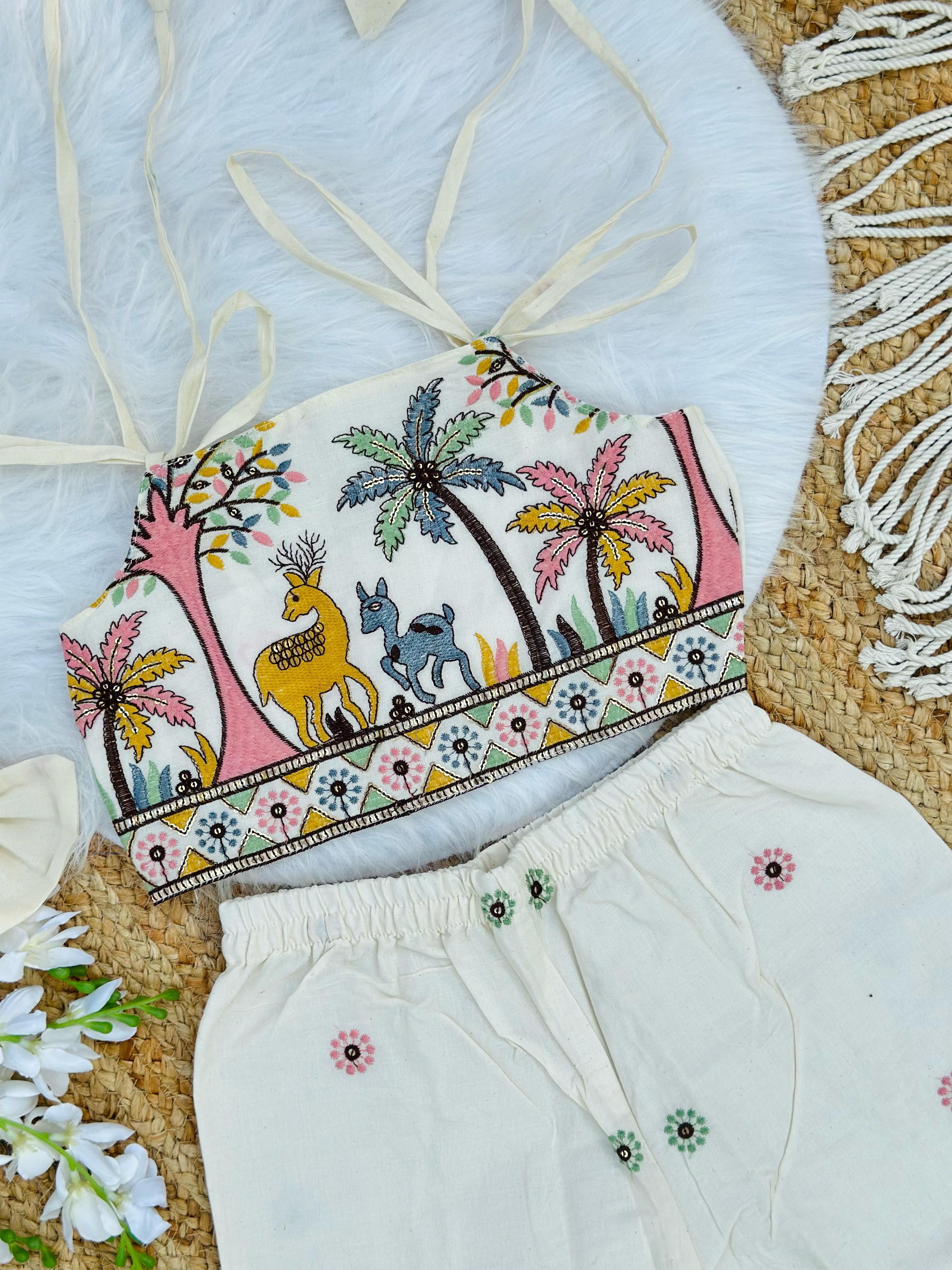 Girls Designer Embroidered Co-Ord Set – Off White Deer & Nature Theme