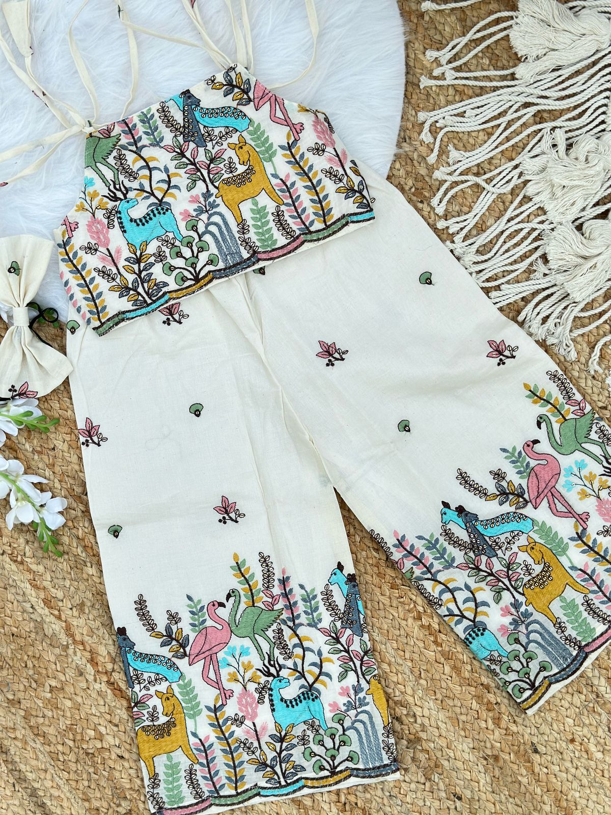 Girls Designer Jungle Theme Co-Ord Set – Off White Embroidered Party Wear