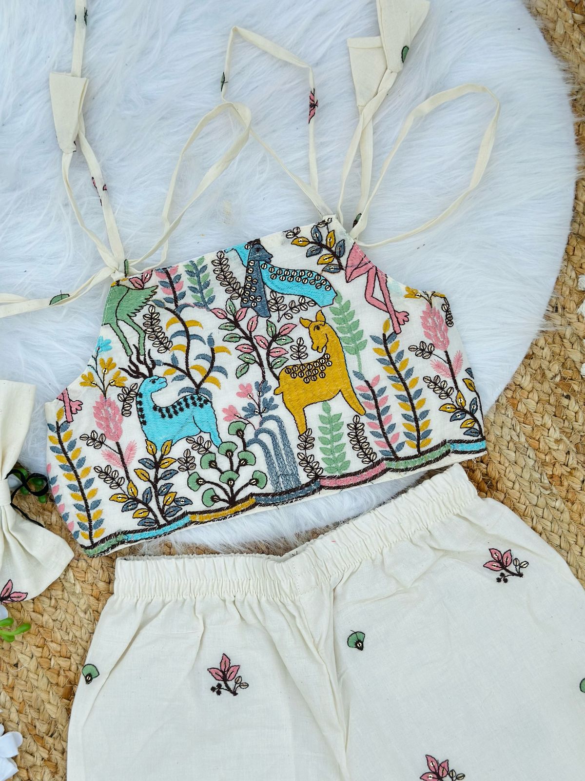 Girls Designer Jungle Theme Co-Ord Set – Off White Embroidered Party Wear