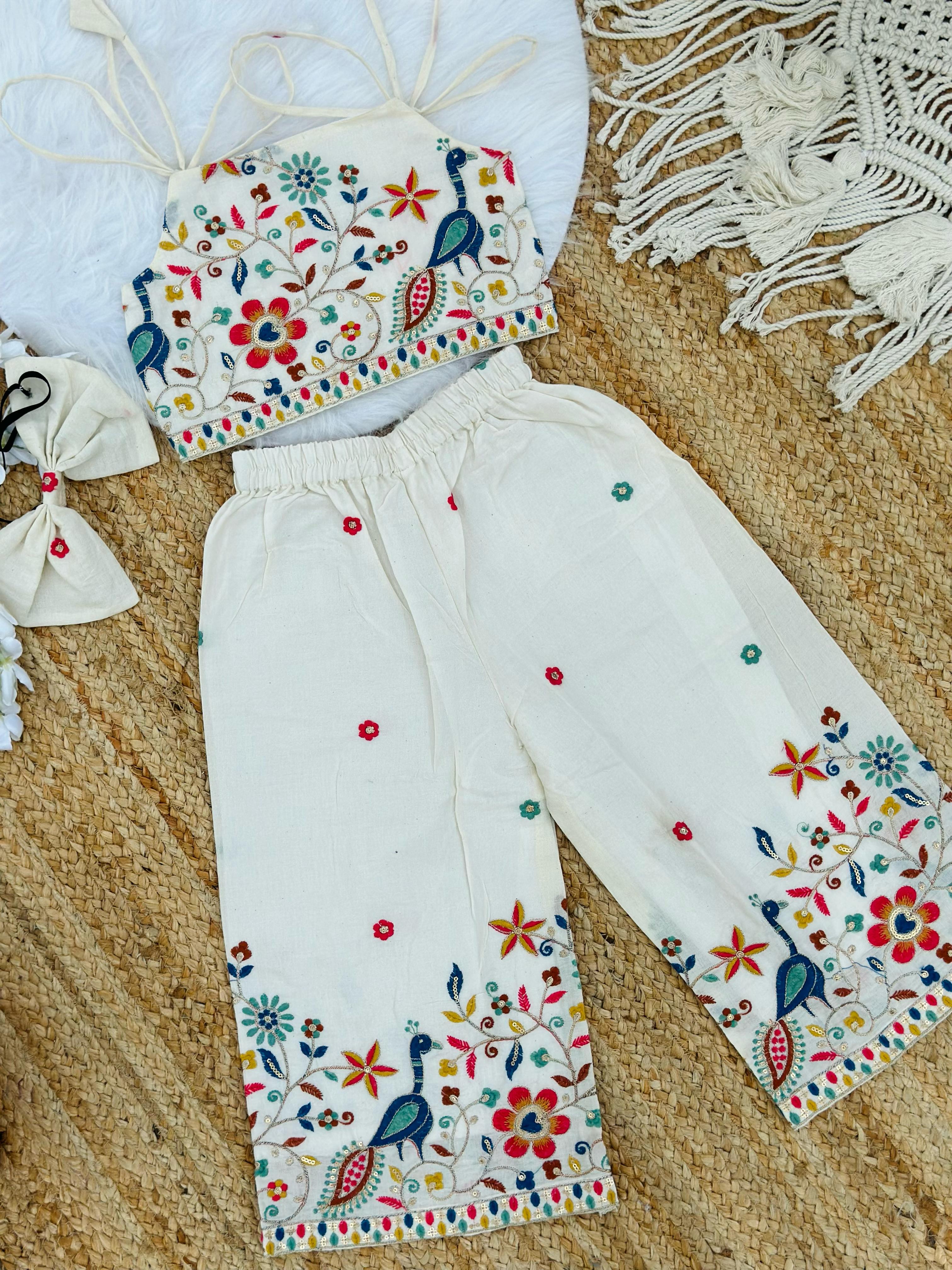 Girls Premium Peacock Embroidered Co-Ord Set – Off White Festive Wear