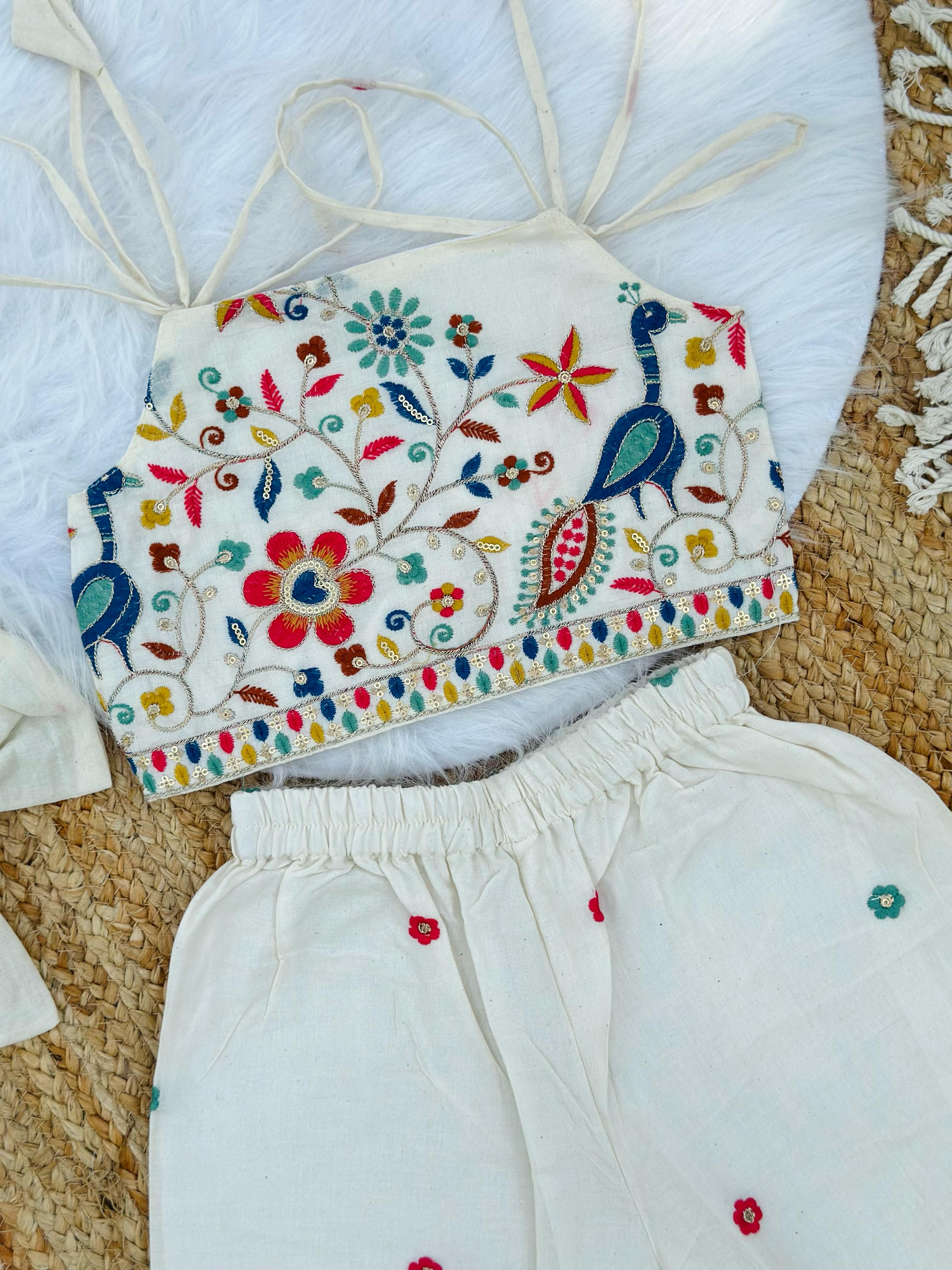 Girls Premium Peacock Embroidered Co-Ord Set – Off White Festive Wear