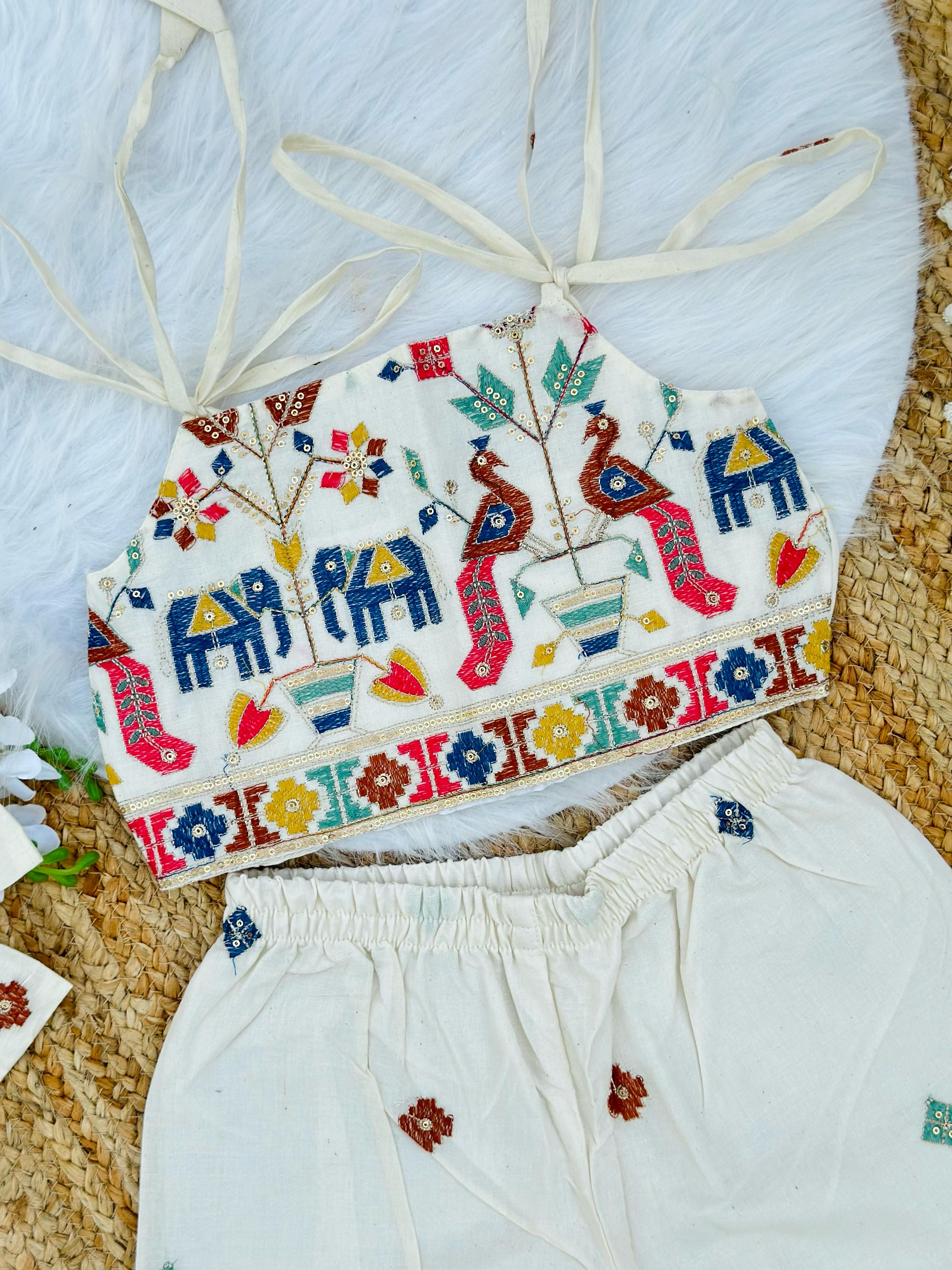 Girls Designer Embroidered Co-Ord Set – Off White Elephant & Bird Theme