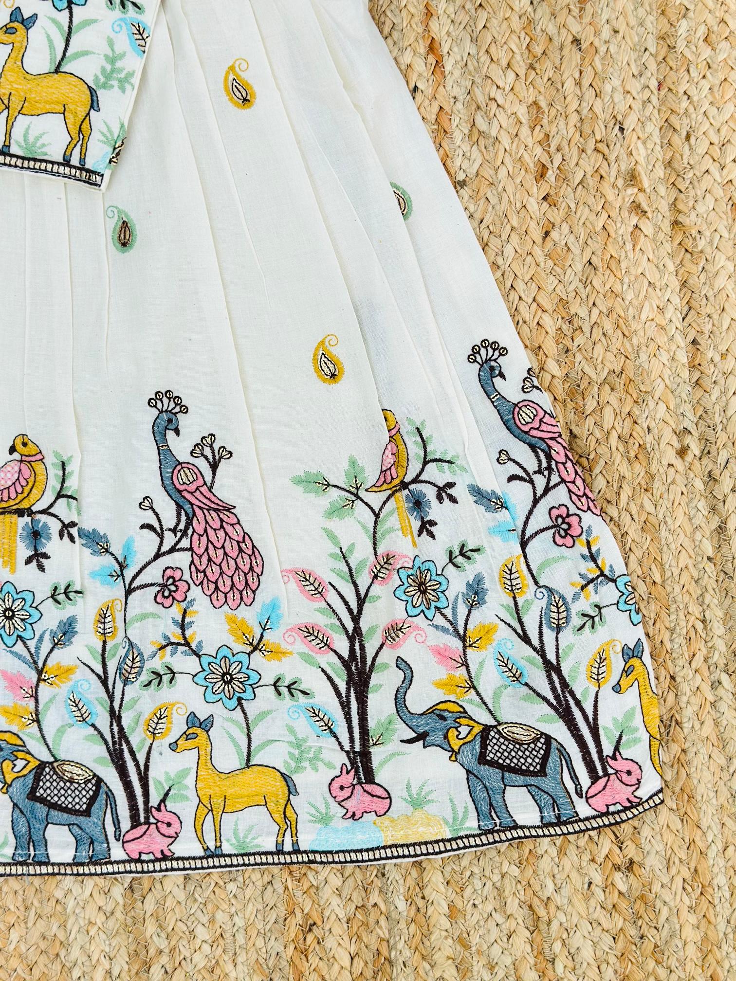 Girls Premium Embroidered Lehenga Choli Set – Off White Multicolor Animal Theme