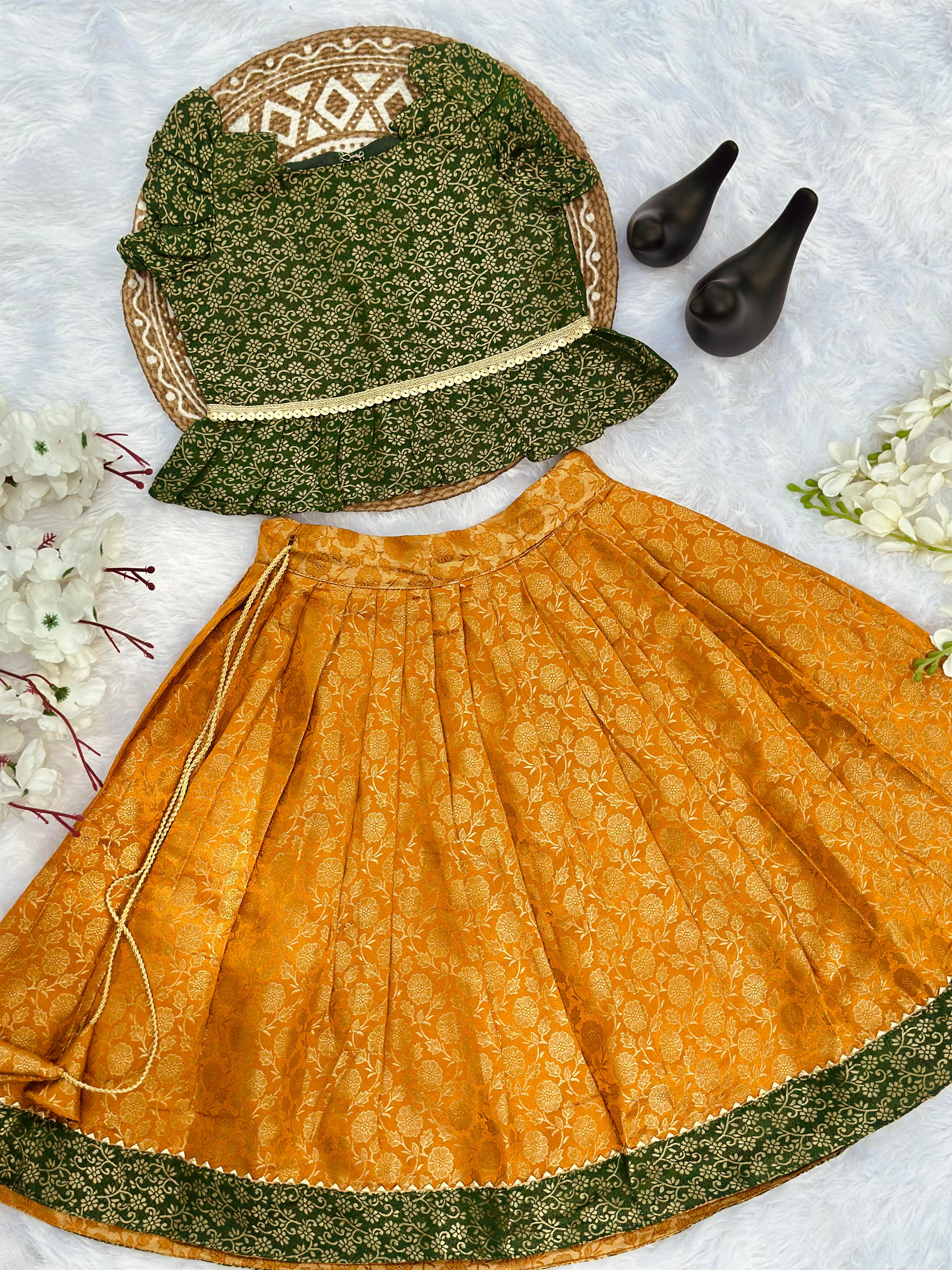 Girls Jacquard Lehenga Choli Set – Green & Mustard