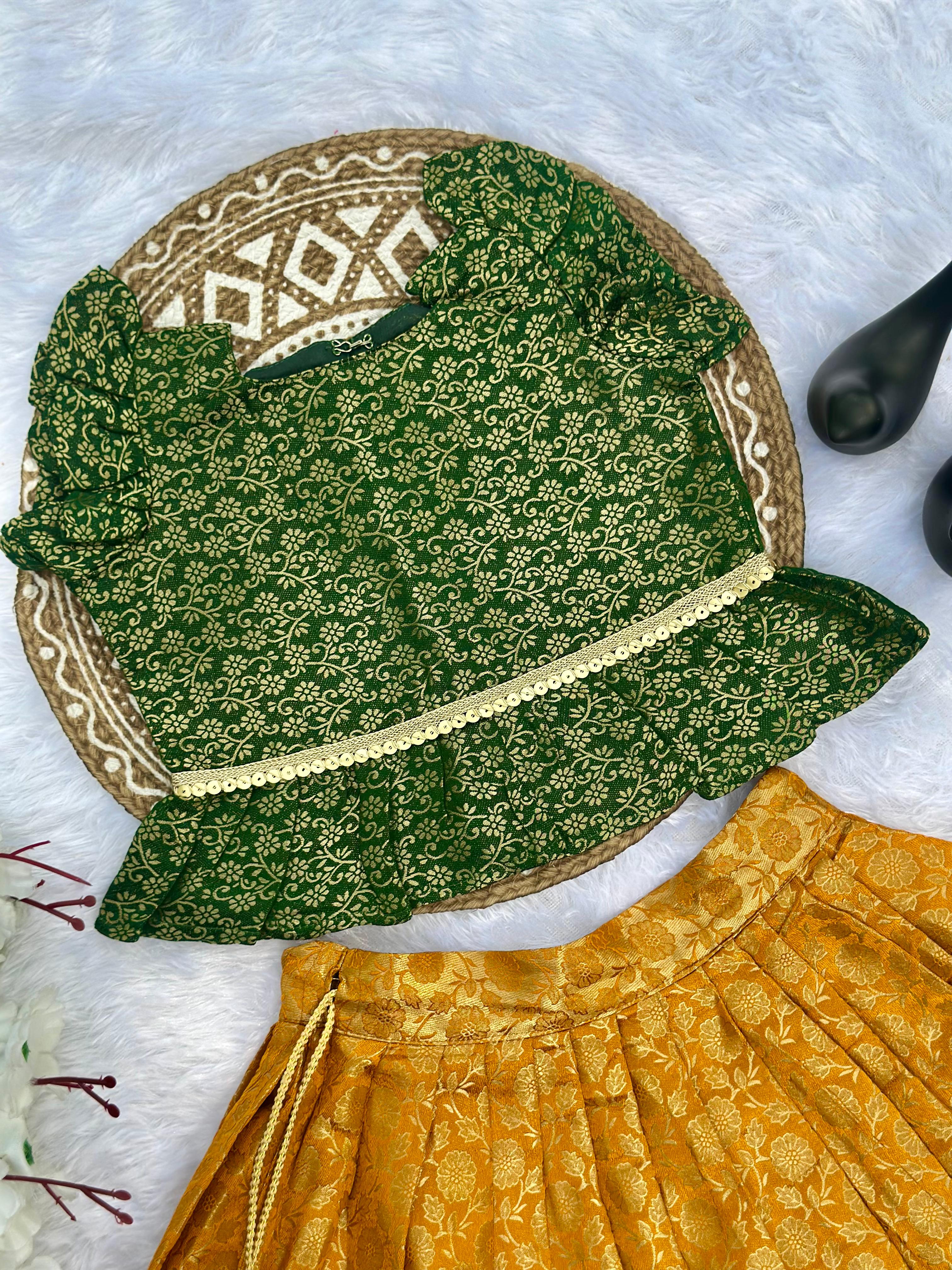 Girls Jacquard Lehenga Choli Set – Green & Mustard