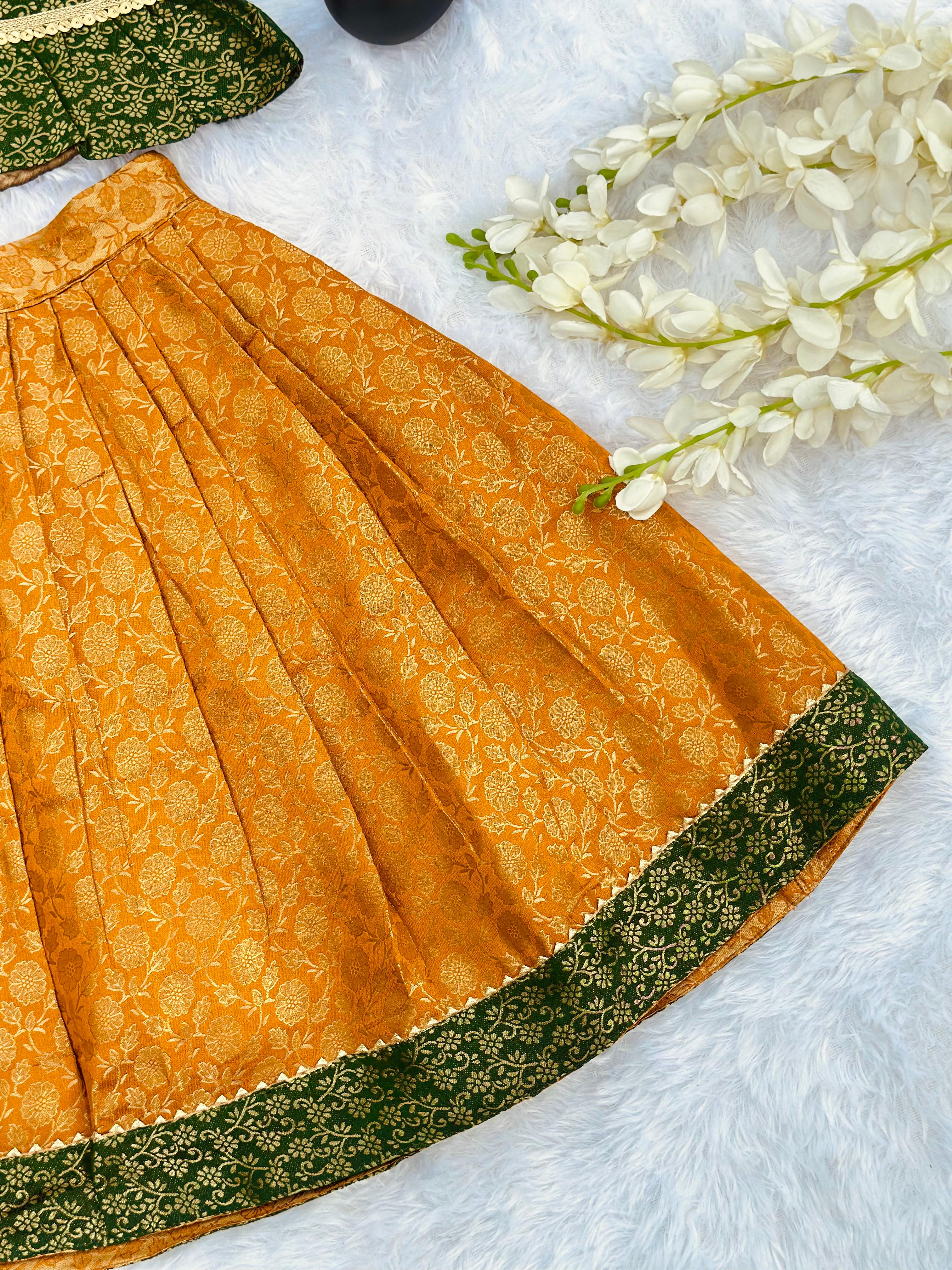 Girls Jacquard Lehenga Choli Set – Green & Mustard