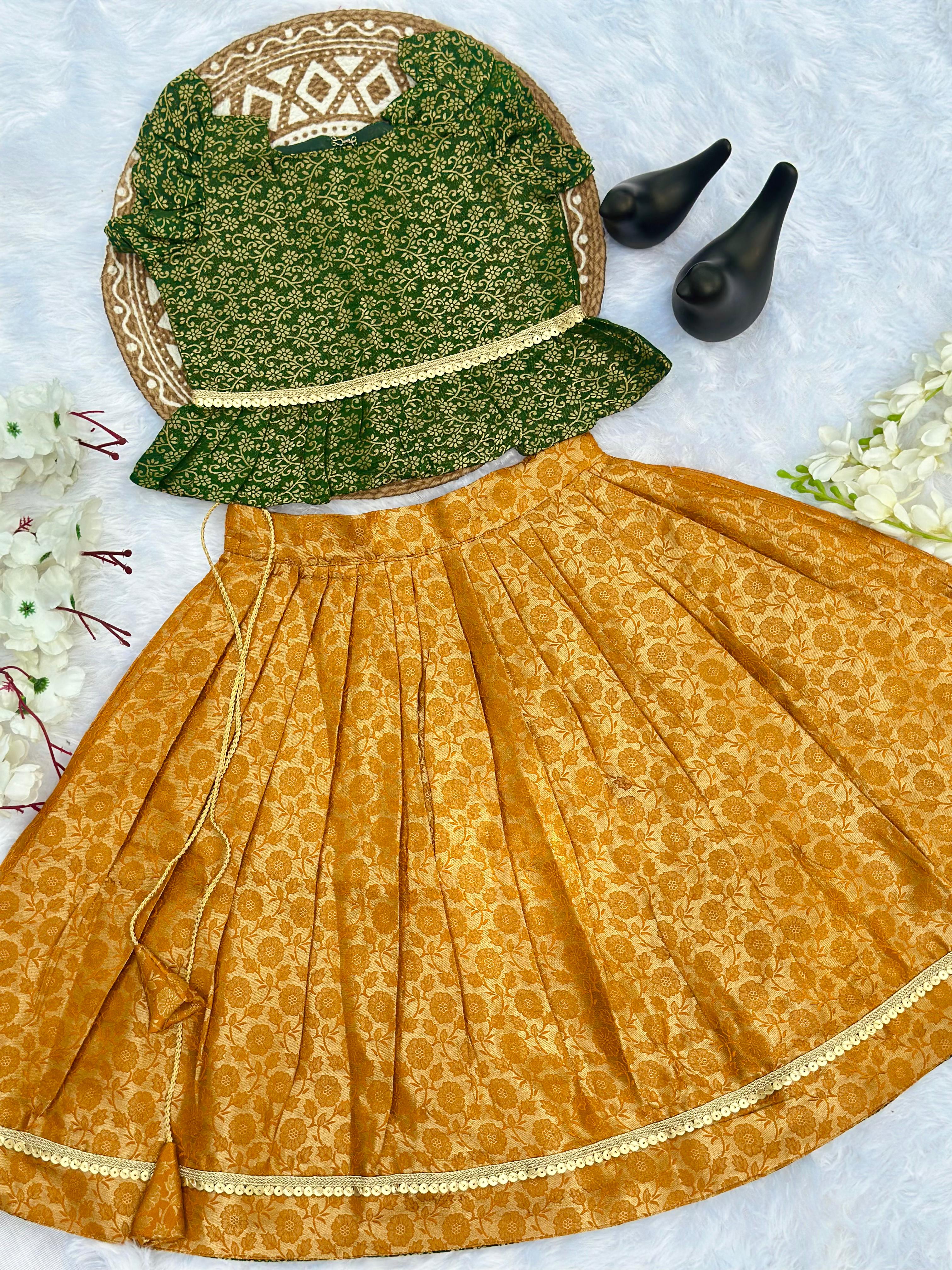 Girls Jacquard Lehenga Choli Set – Green & Mustard