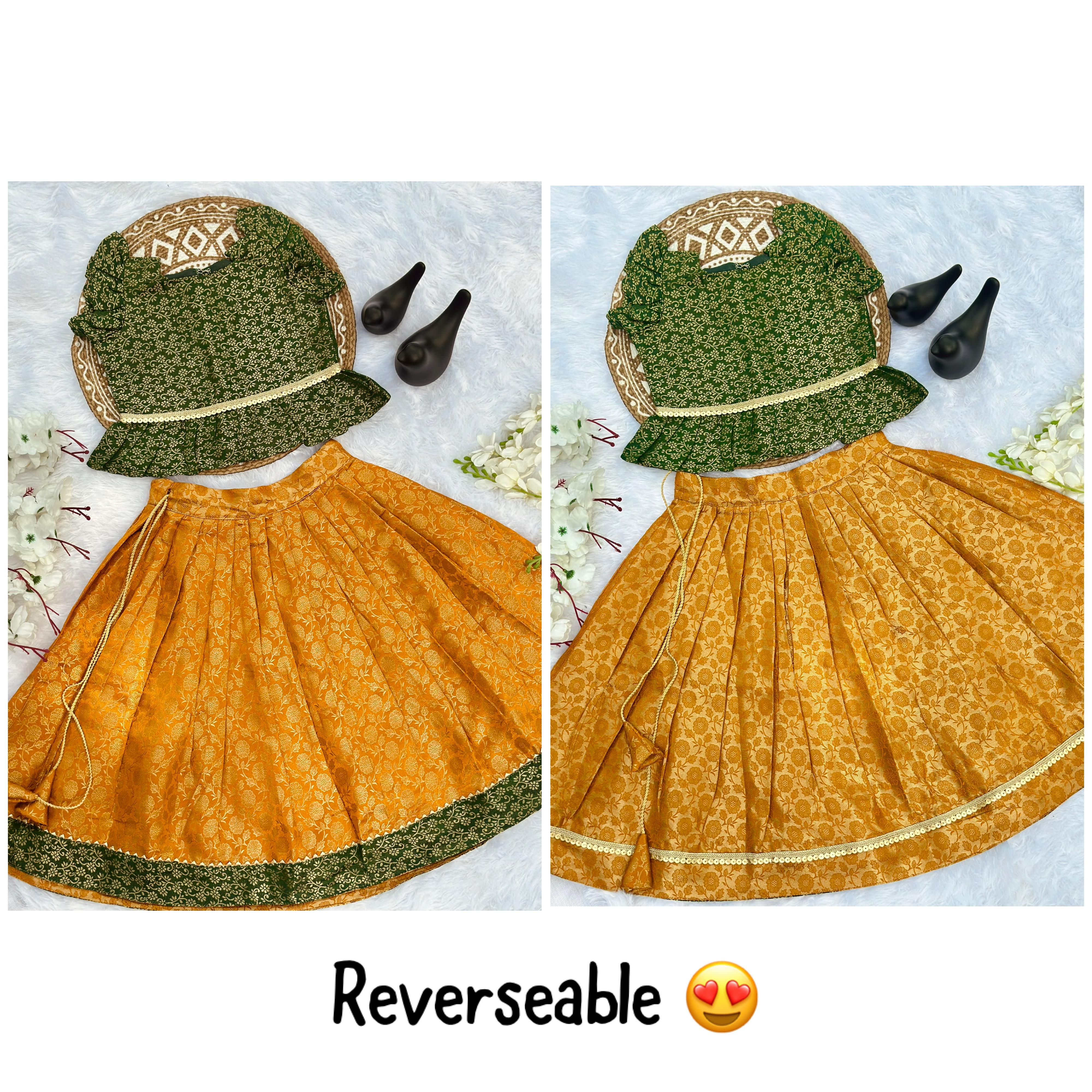 Girls Jacquard Lehenga Choli Set – Green & Mustard