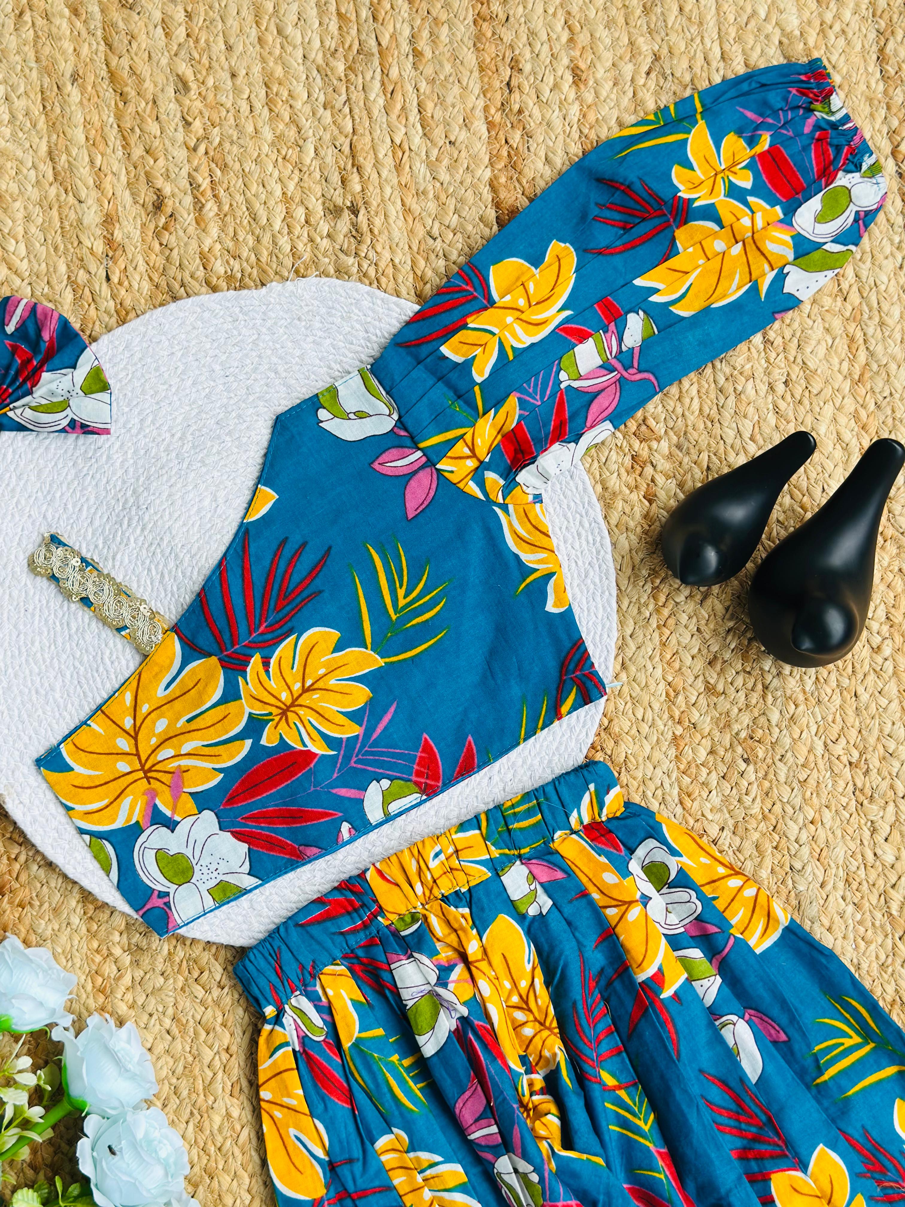 Girls Floral Co-Ord Set – Blue One Shoulder Top with Dhoti Pants