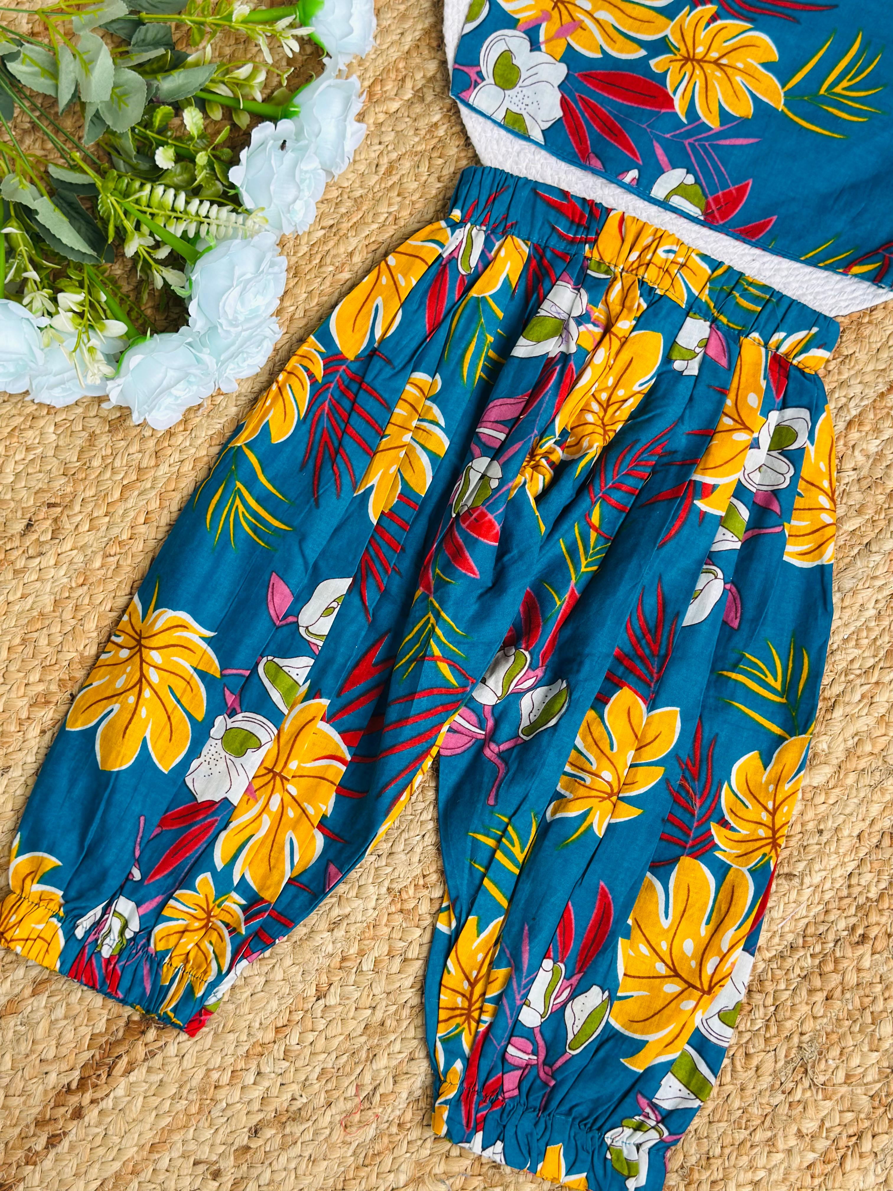 Girls Floral Co-Ord Set – Blue One Shoulder Top with Dhoti Pants