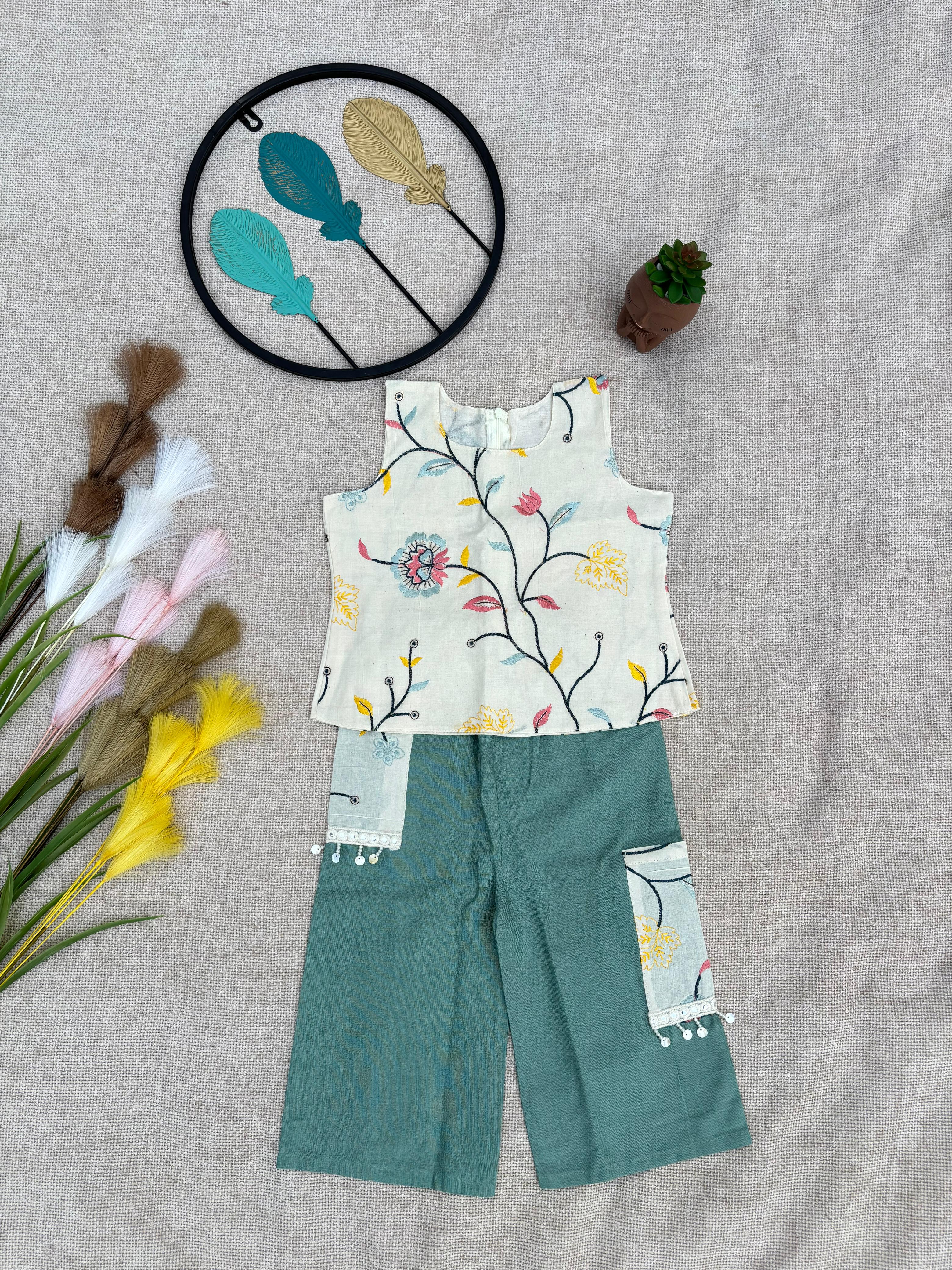 “Girls Embroidary work Top & Green Palazzo Set – Stylish Kids Wear”