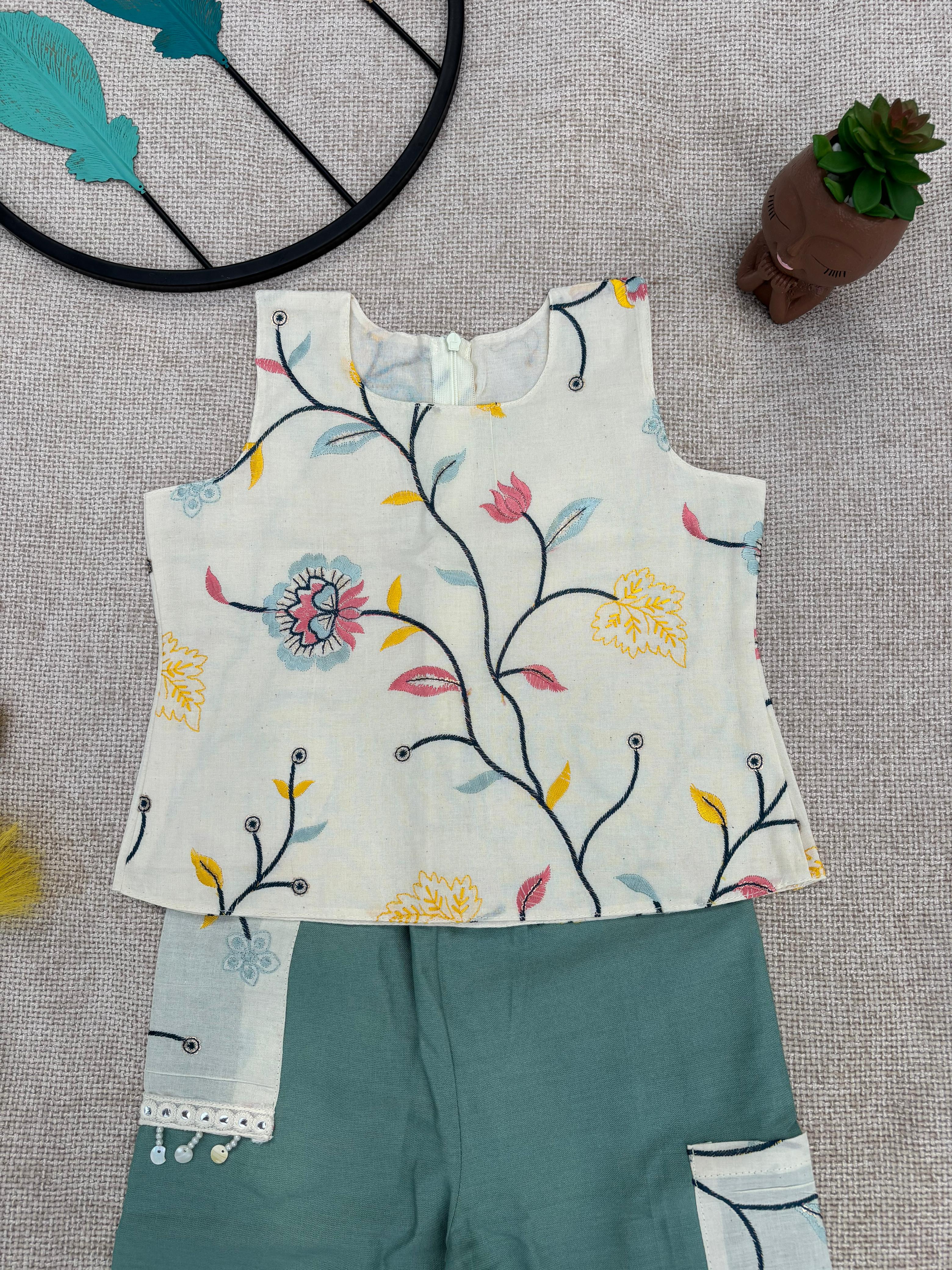 “Girls Embroidary work Top & Green Palazzo Set – Stylish Kids Wear”