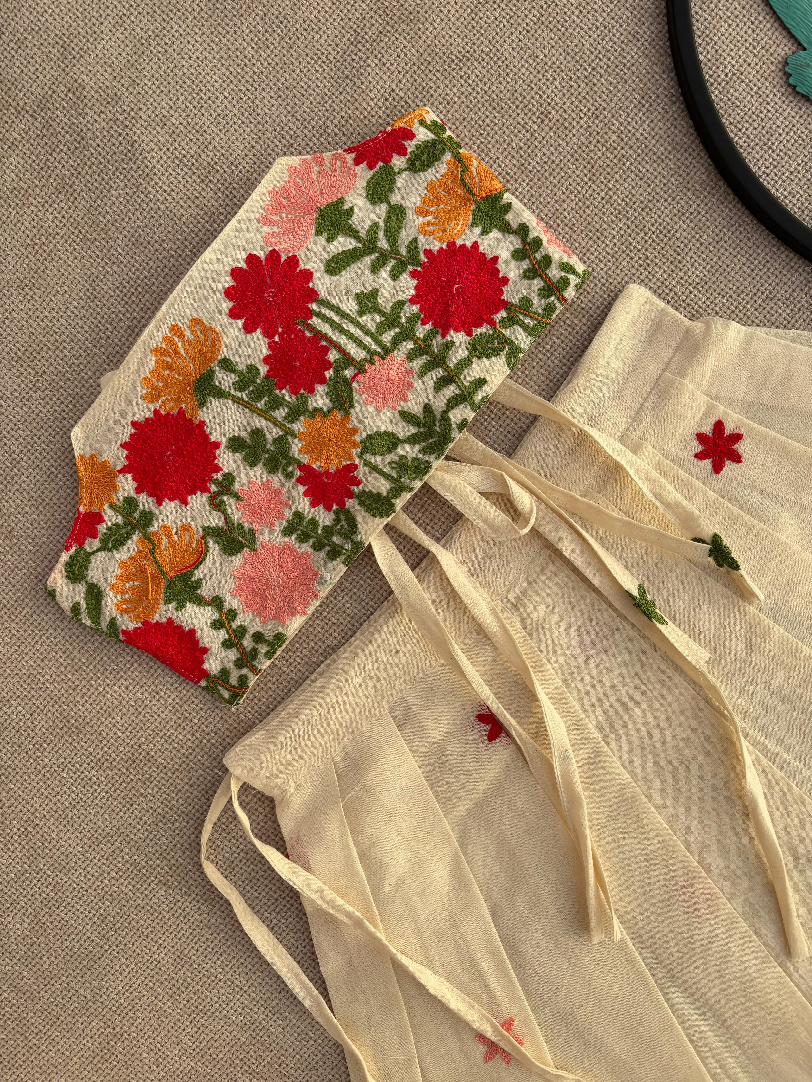 Cream Floral Embroidered Lehenga Choli Set for Girls