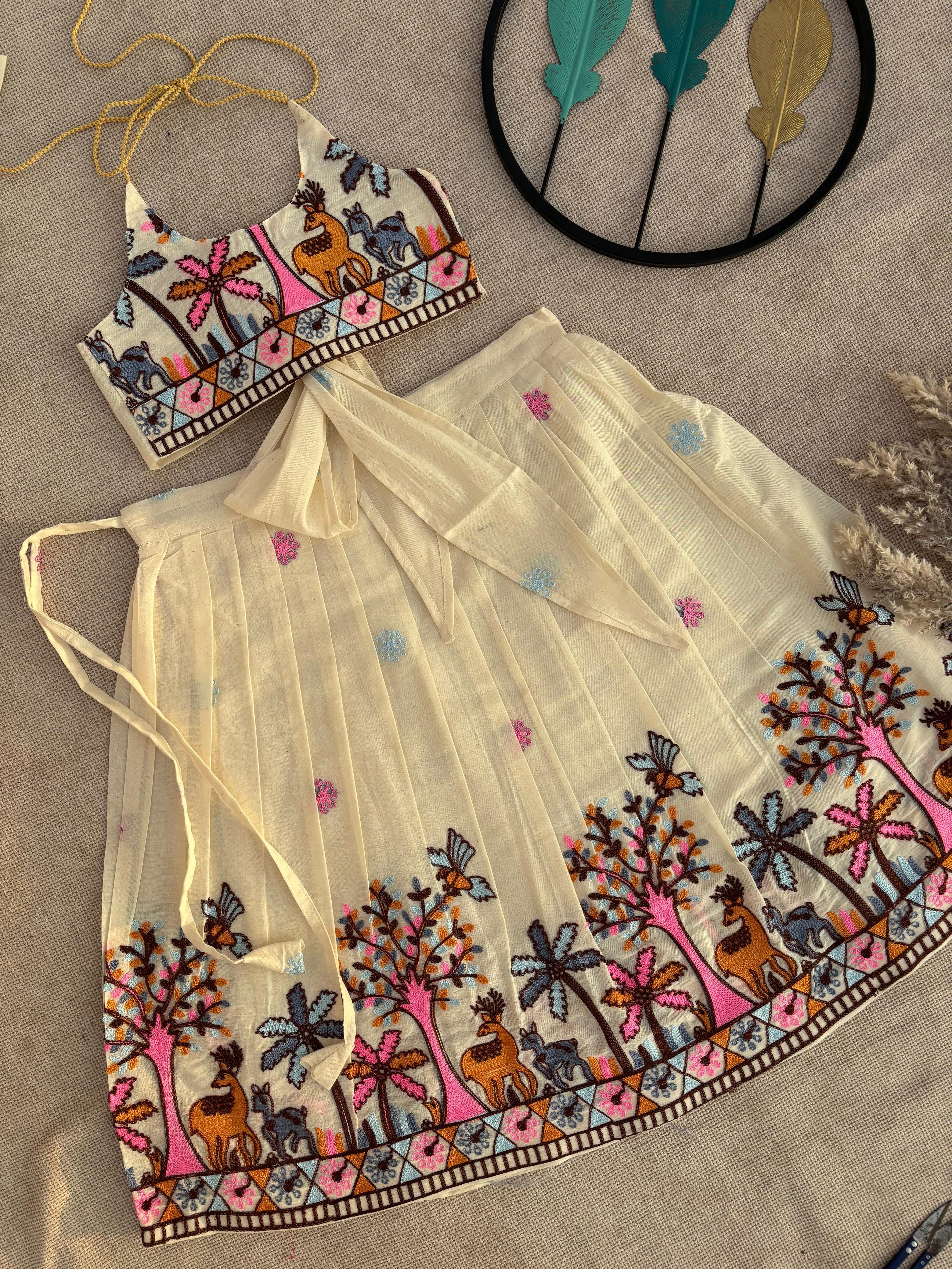 Ivory Embroidered Lehenga Set with Nature Motifs