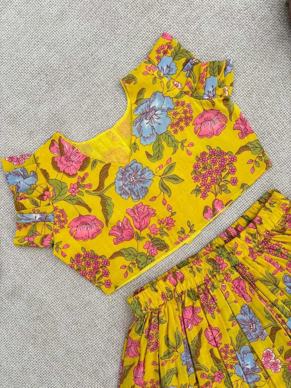 Girls Floral Yellow Crop Top & Skirt Set