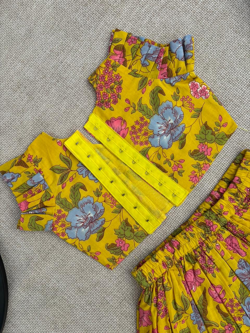 Girls Floral Yellow Crop Top & Skirt Set