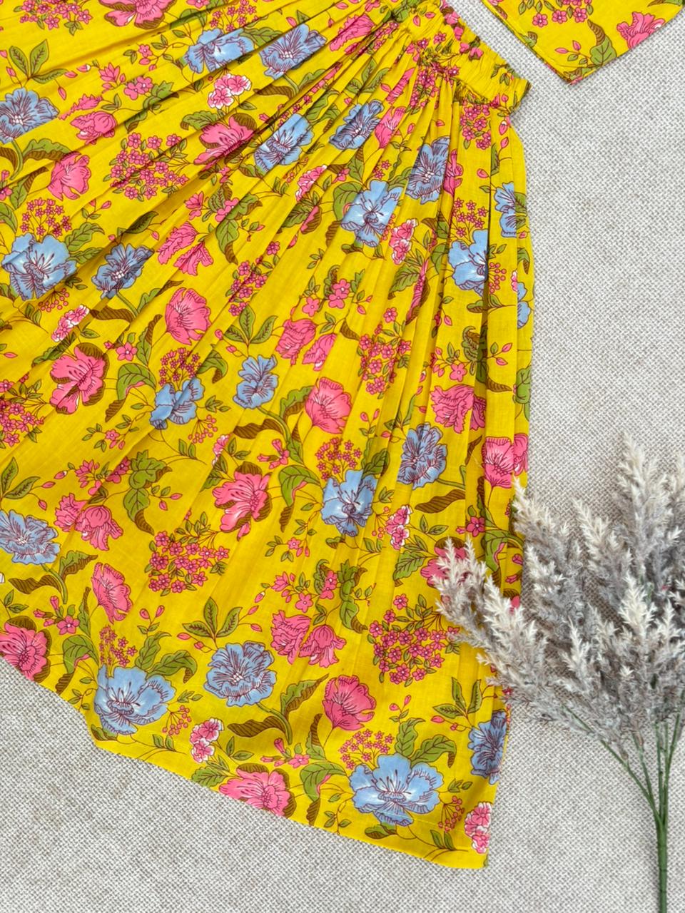 Girls Floral Yellow Crop Top & Skirt Set