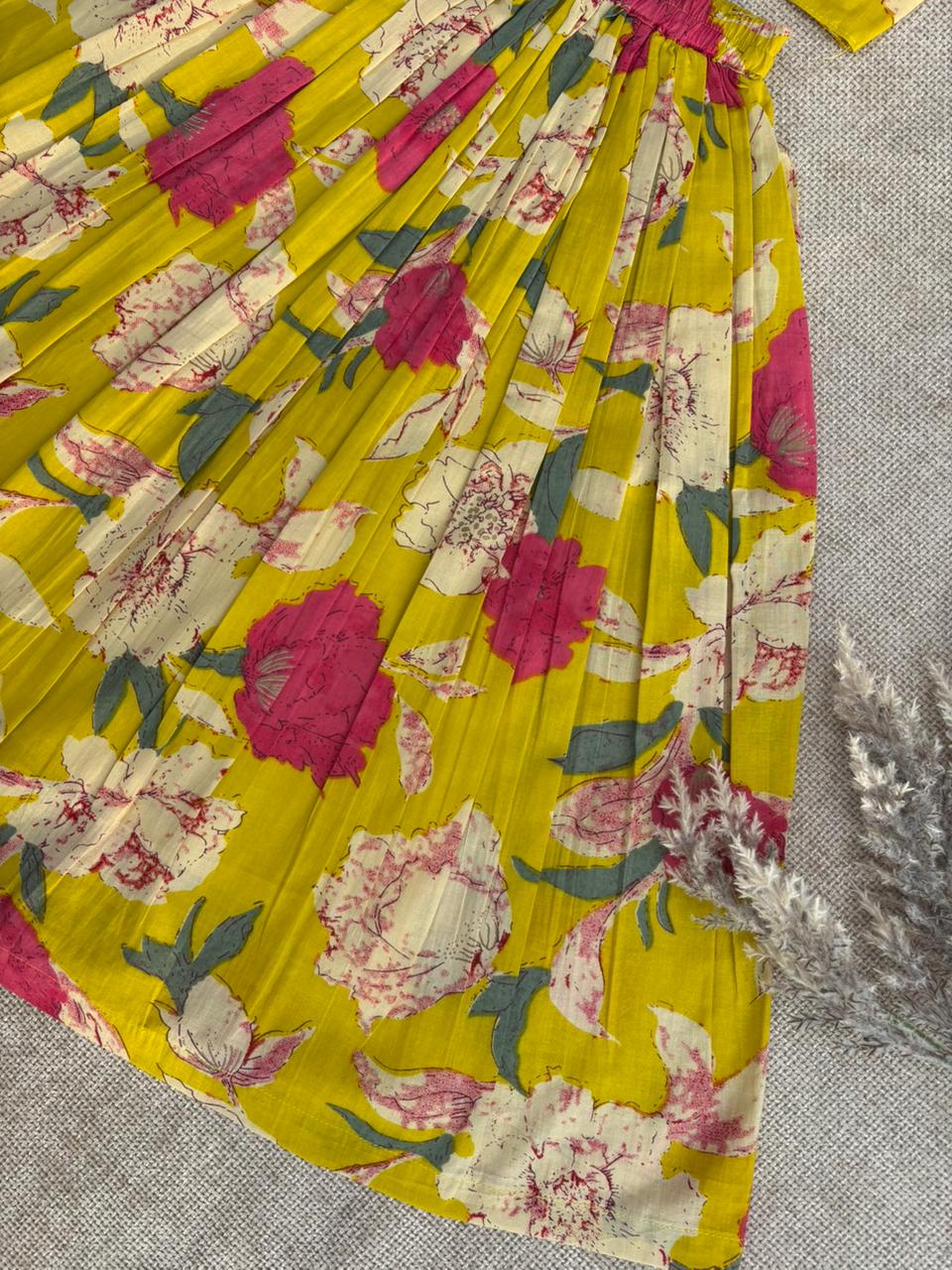 Girls Yellow Floral Crop Top & Skirt Set