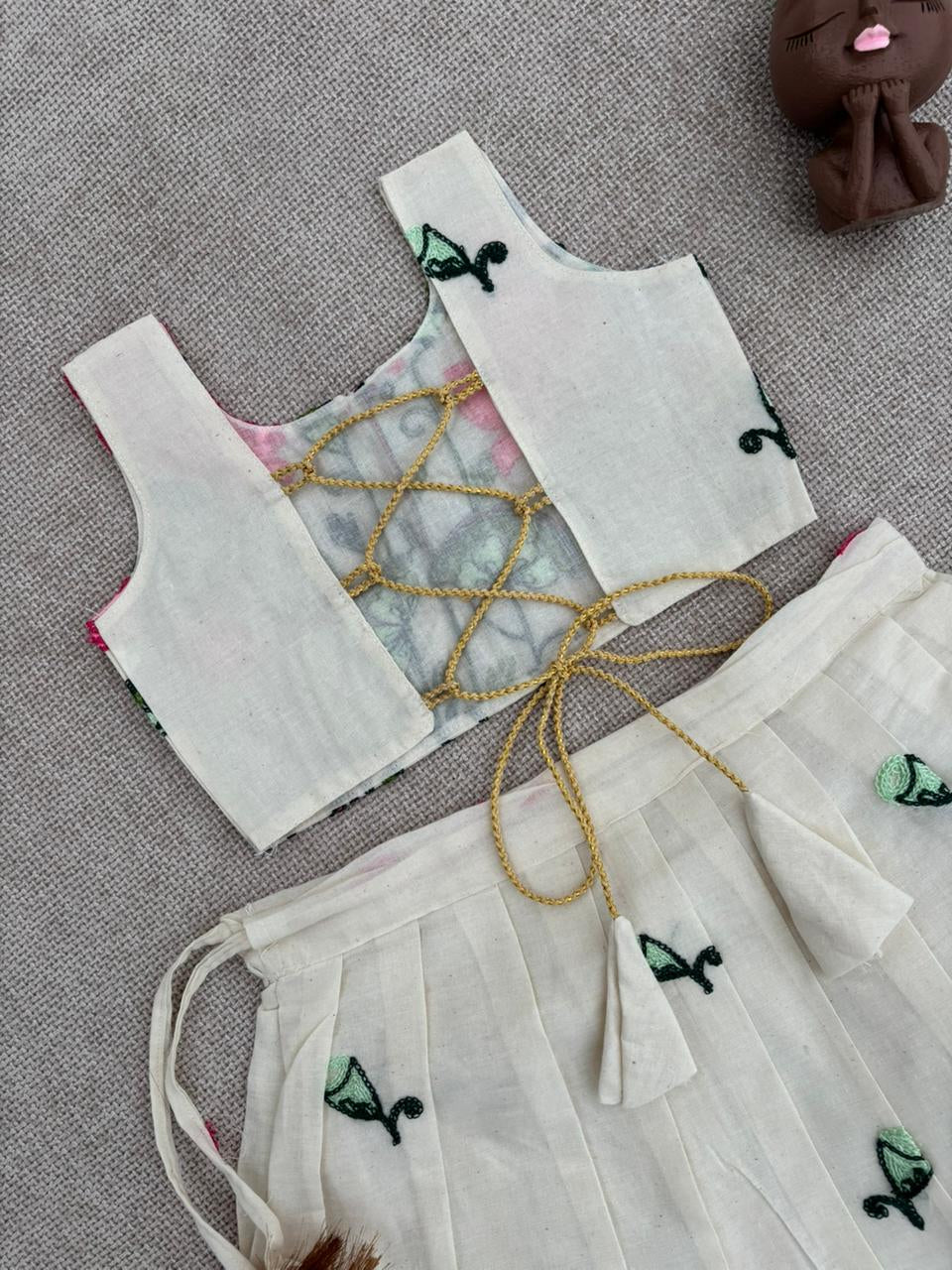 Girls White Lotus Embroidered Crop Top & Skirt Set