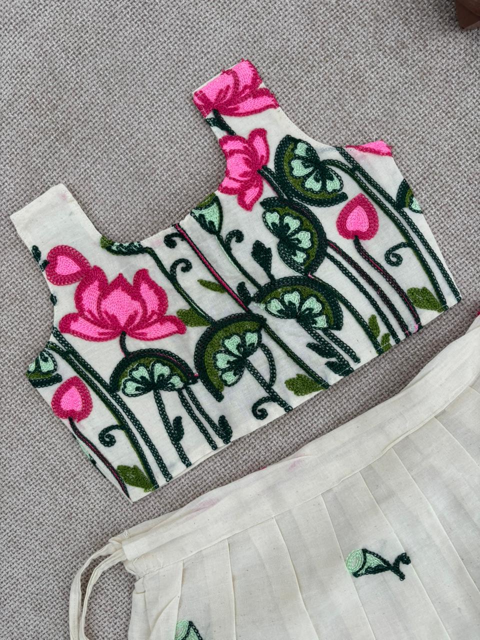 Girls White Lotus Embroidered Crop Top & Skirt Set