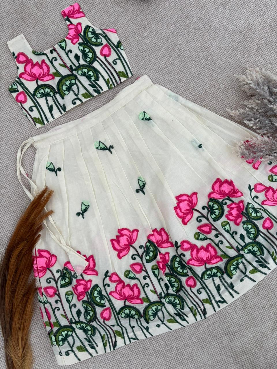 Girls White Lotus Embroidered Crop Top & Skirt Set