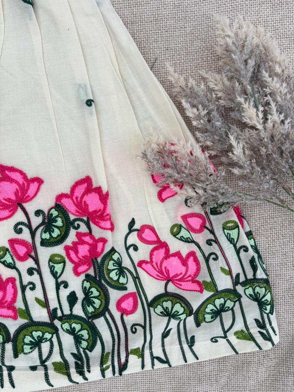 Girls White Lotus Embroidered Crop Top & Skirt Set