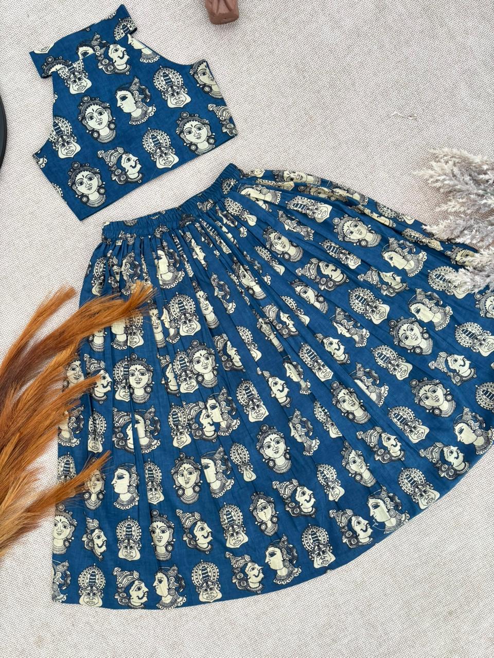 Girls’ Ethnic Printed Crop Top with Flared Skirt