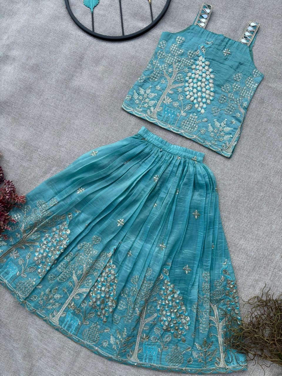 Royal Peacock Gold Crush Kids Lehenga Choli Set