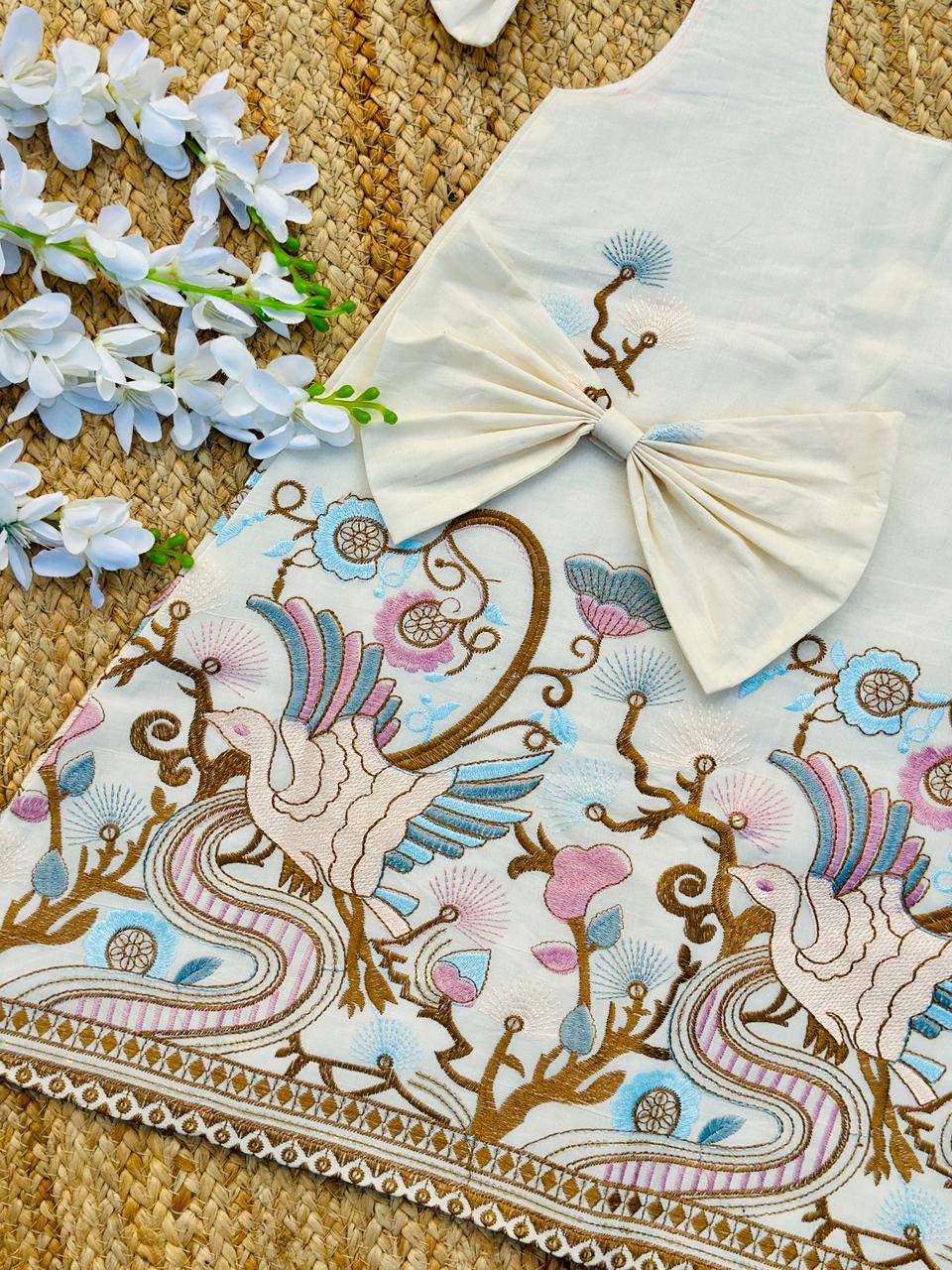 Girls Premium Peacock & Floral Embroidered Frock – Off White Designer Party Dress