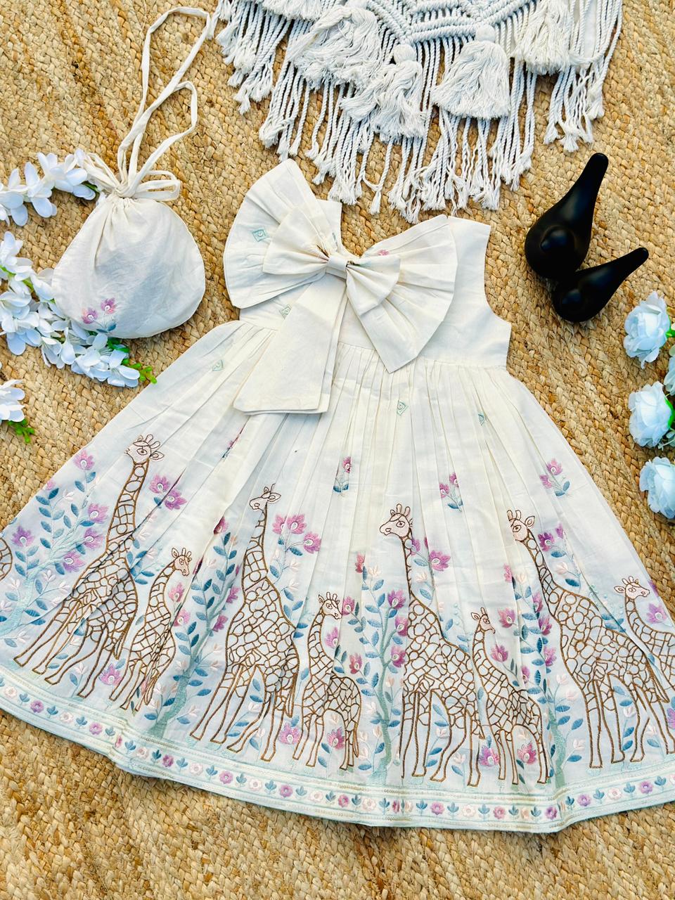 Girls Premium Giraffe Embroidered Frock – Off White Party Wear Dress with Big Bow