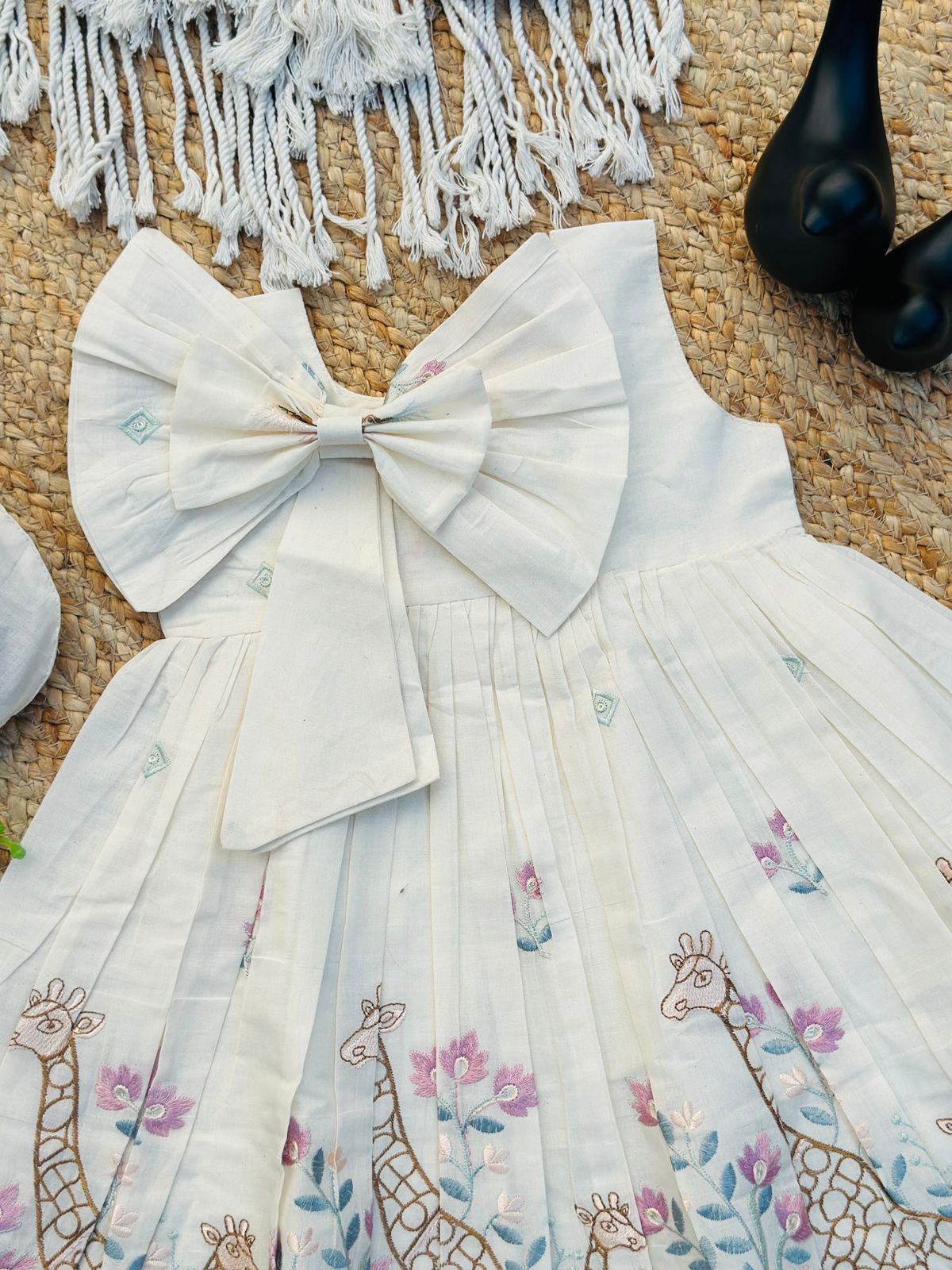 Girls Premium Giraffe Embroidered Frock – Off White Party Wear Dress with Big Bow
