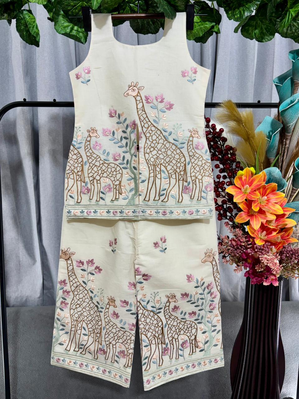 Safari Giraffe Embroidered work Kids Cotton Co-Ord Set