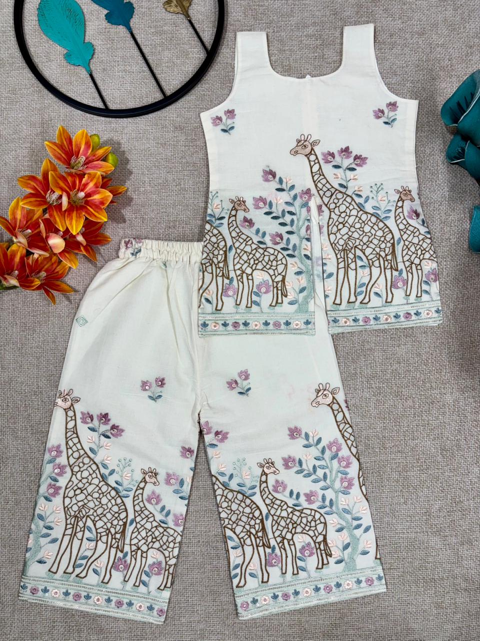 Safari Giraffe Embroidered work Kids Cotton Co-Ord Set
