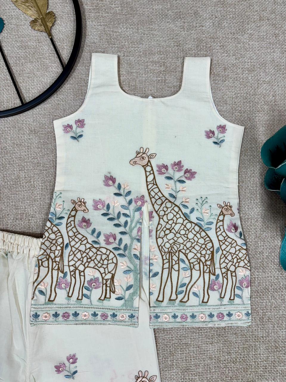 Safari Giraffe Embroidered work Kids Cotton Co-Ord Set