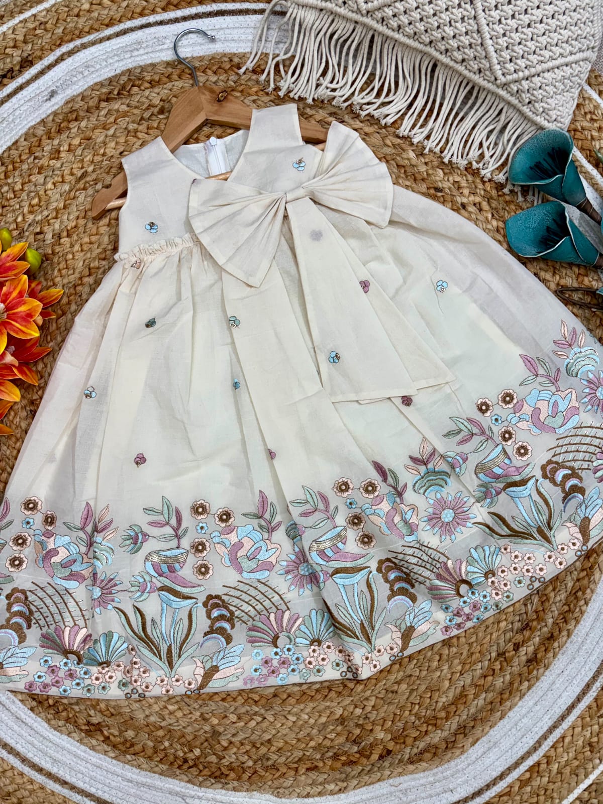 “Premium Cotton Floral Embroidered Party Wear Frock for Girls”