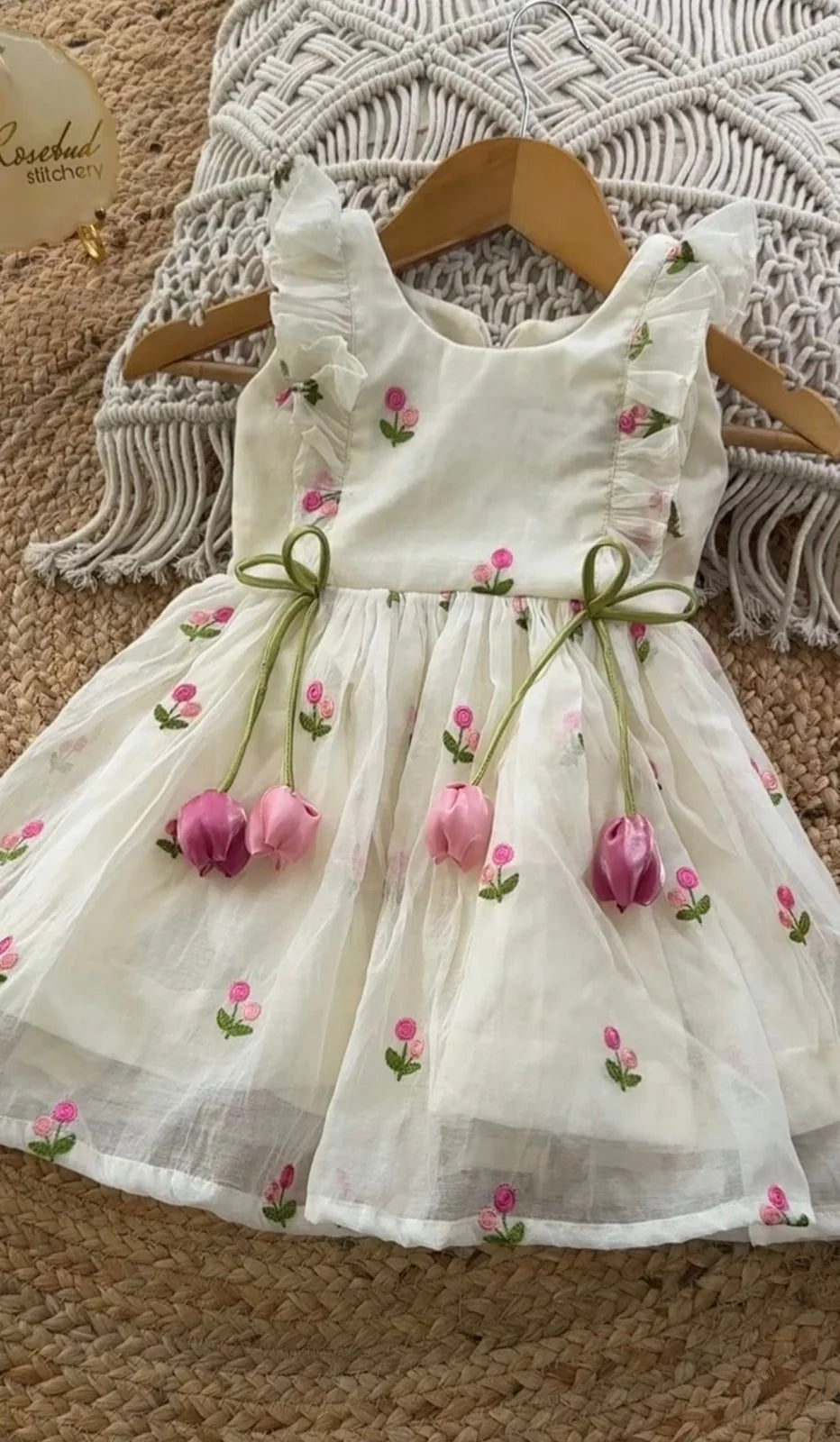 Ivory Tulip Charm Chanderi Silk Ruffled Frock for Girls
