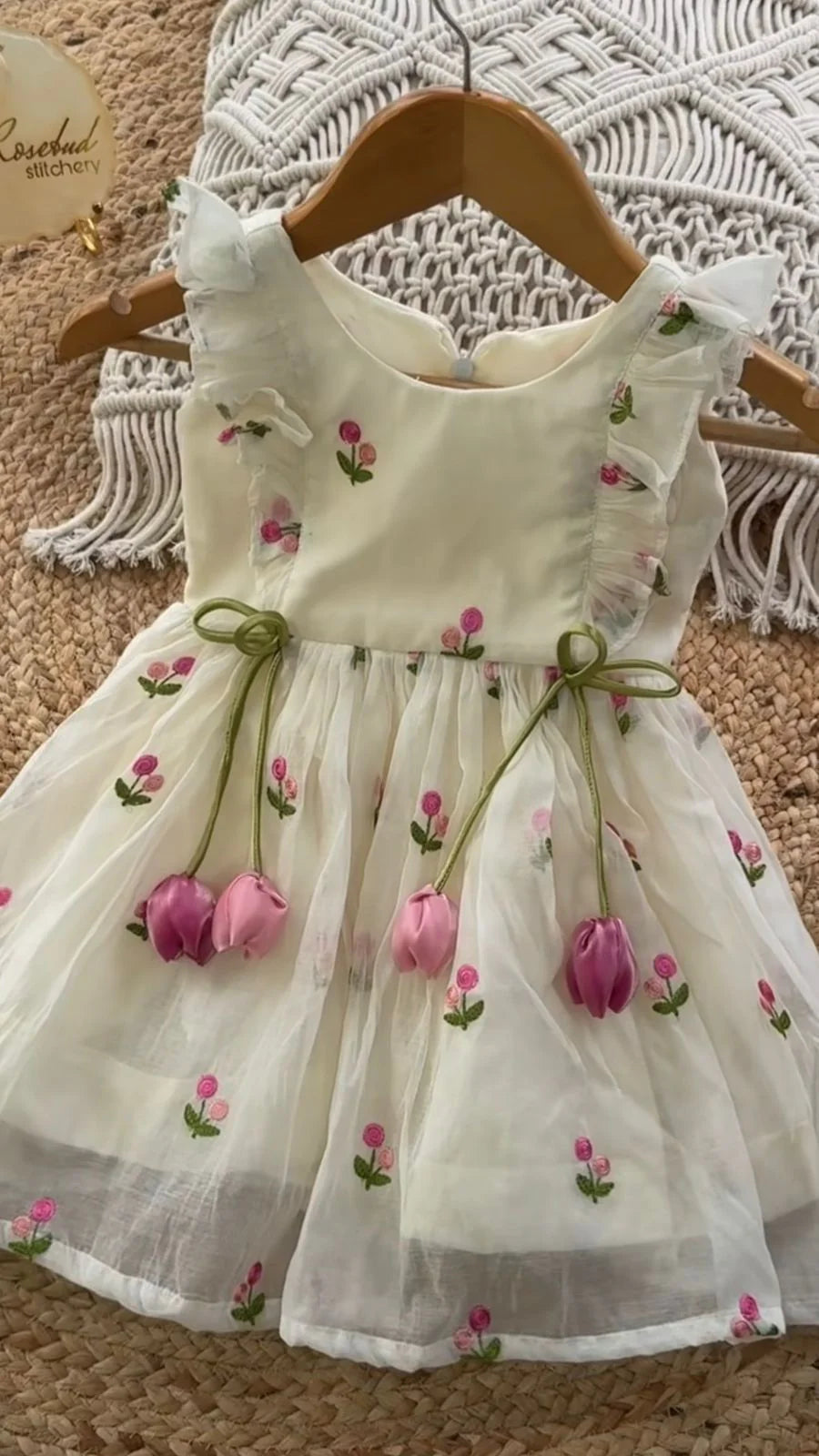 Ivory Tulip Charm Chanderi Silk Ruffled Frock for Girls