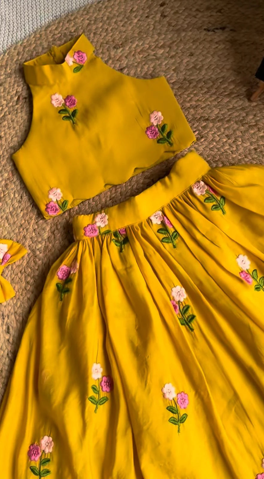 Sunshine Yellow Floral Embroidered Jacket Style Lehenga Set for Girls