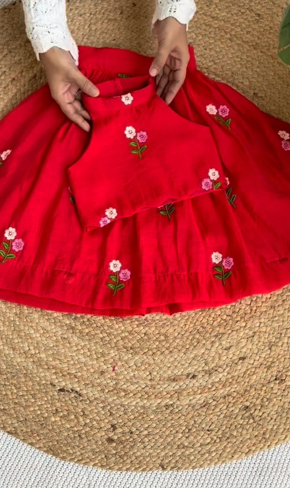 Girls' Red Lehenga Choli with Intricate Floral Embroidery