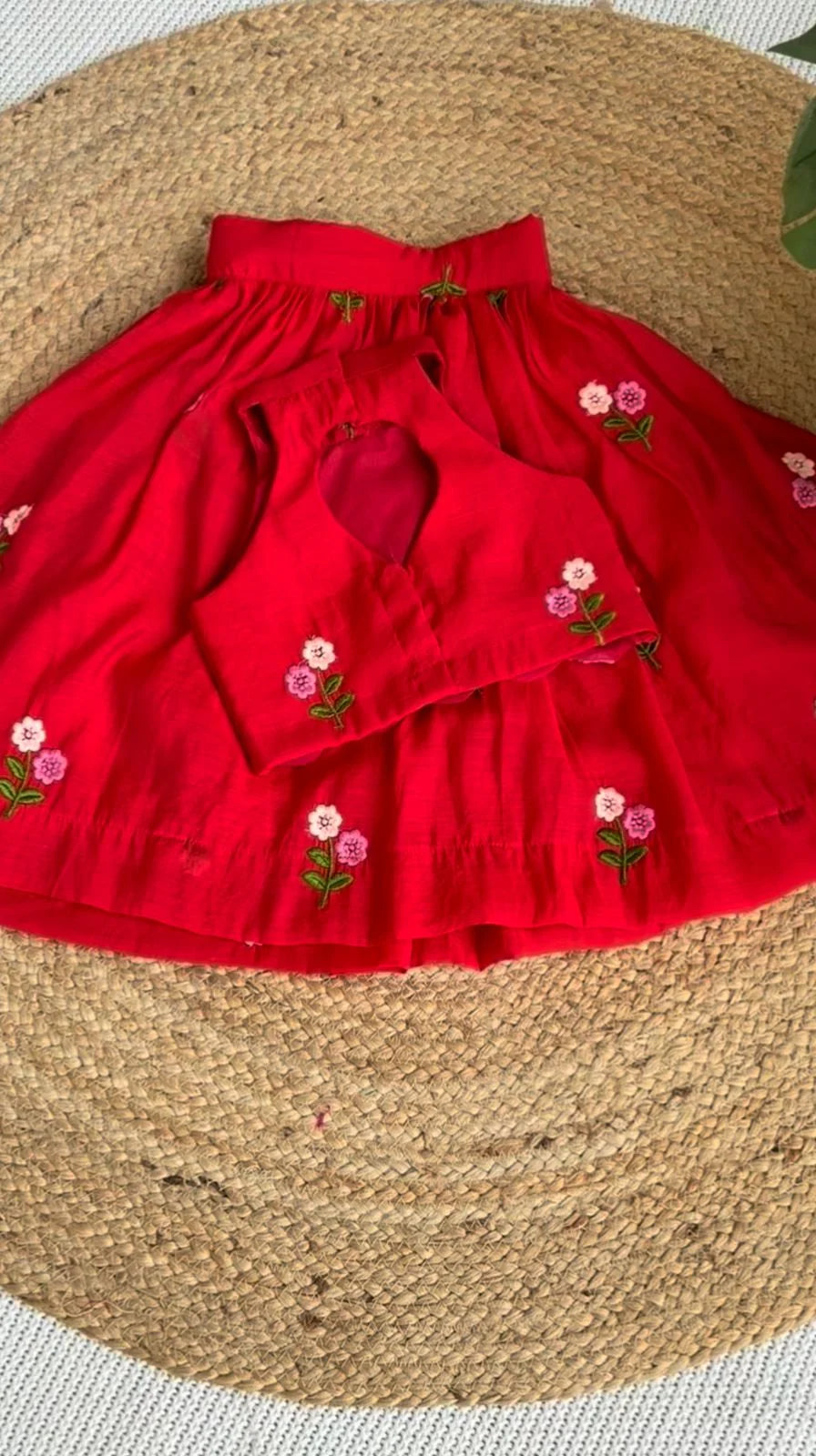 Girls' Red Lehenga Choli with Intricate Floral Embroidery