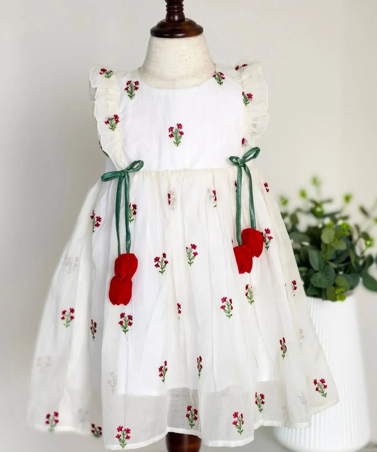 Ivory Bloom Red Floral Embroidered Chanderi Silk Frock for Girls
