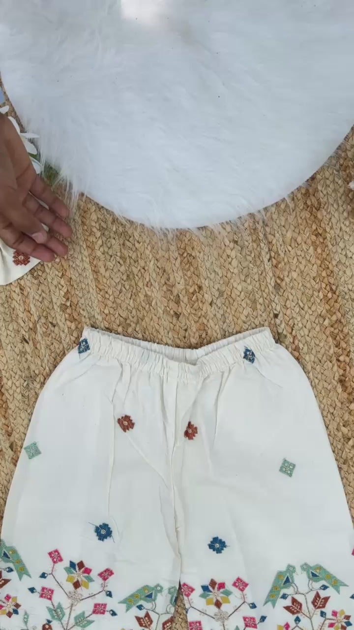 Girls Designer Embroidered Co-Ord Set – Off White Elephant & Bird Theme