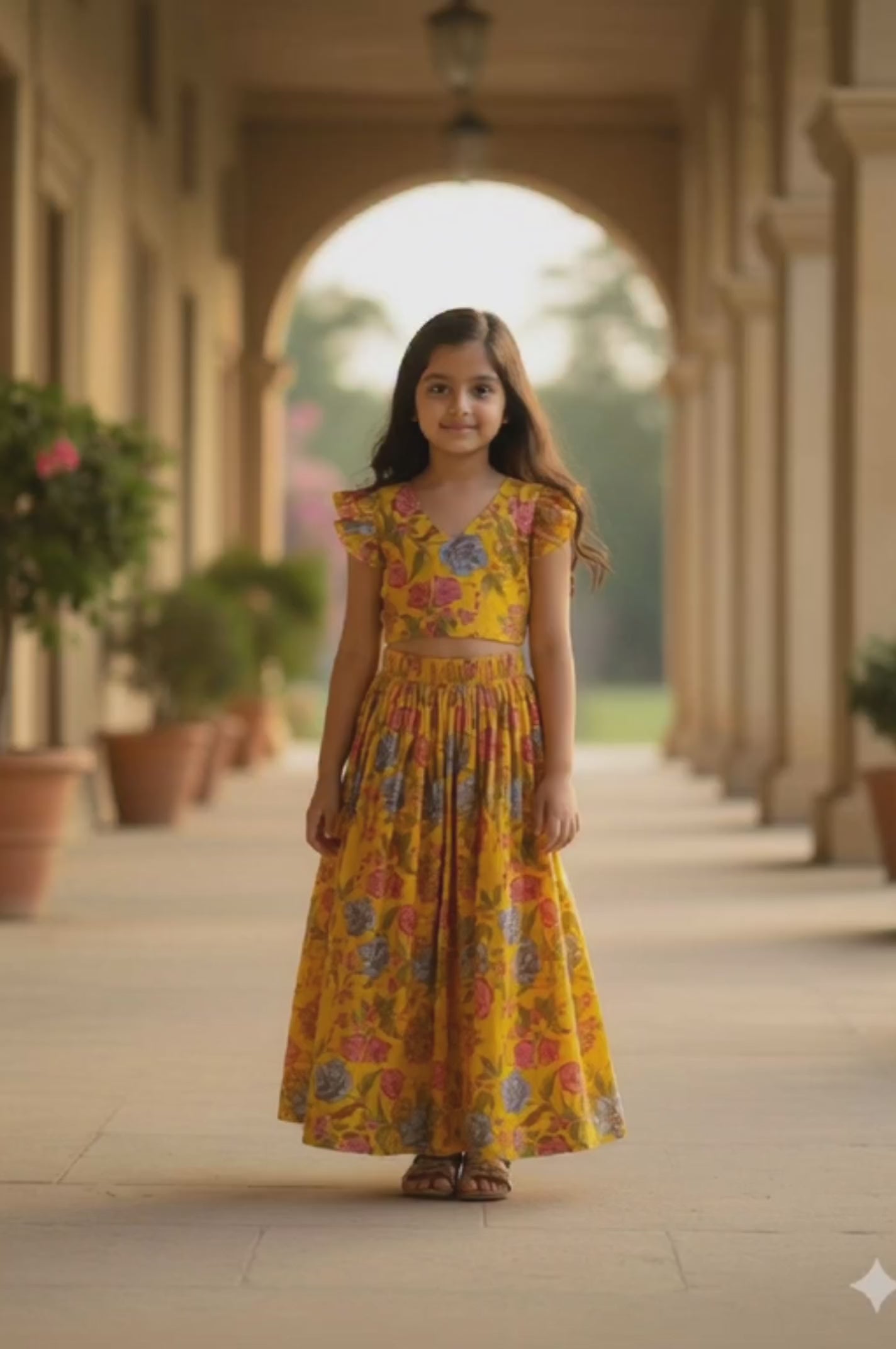 Girls Floral Yellow Crop Top & Skirt Set