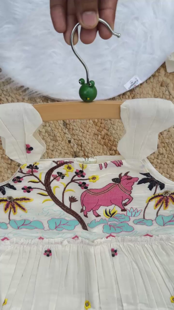 Girls Designer Embroidered Frock – Off White Multicolor Animal Theme