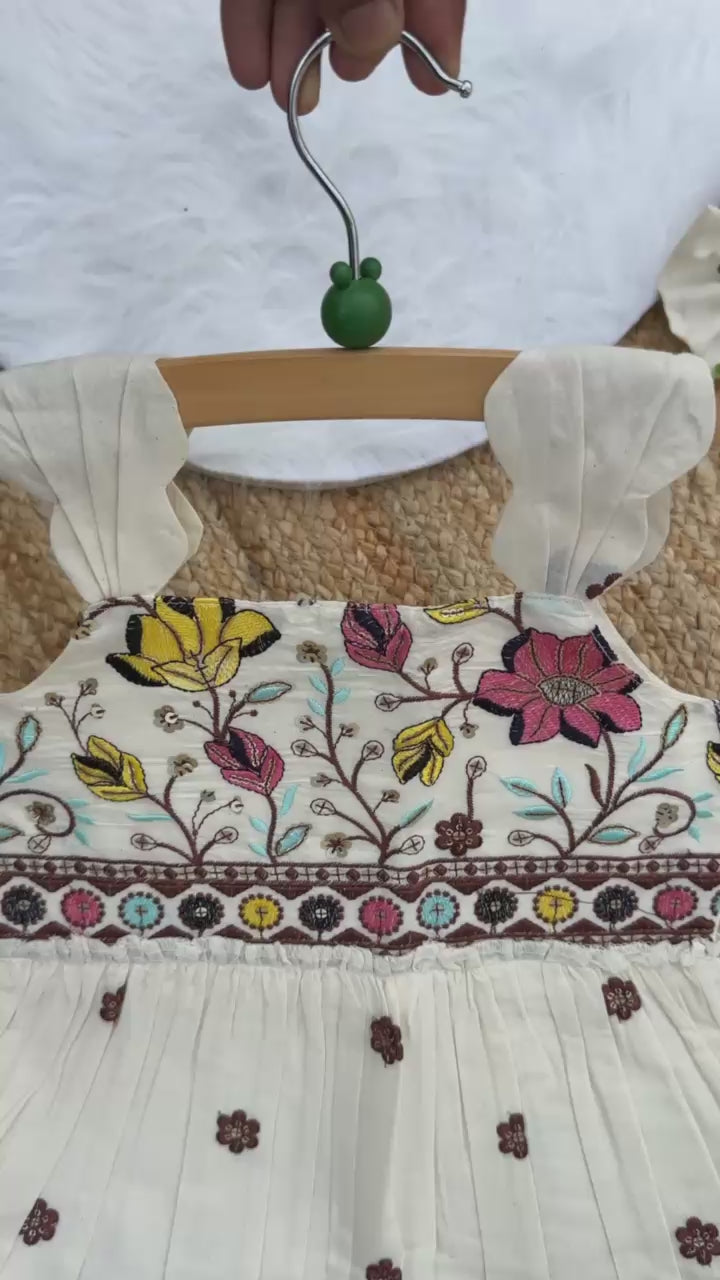 Girls Premium Floral Embroidered Frock – Off White Designer Party Dress